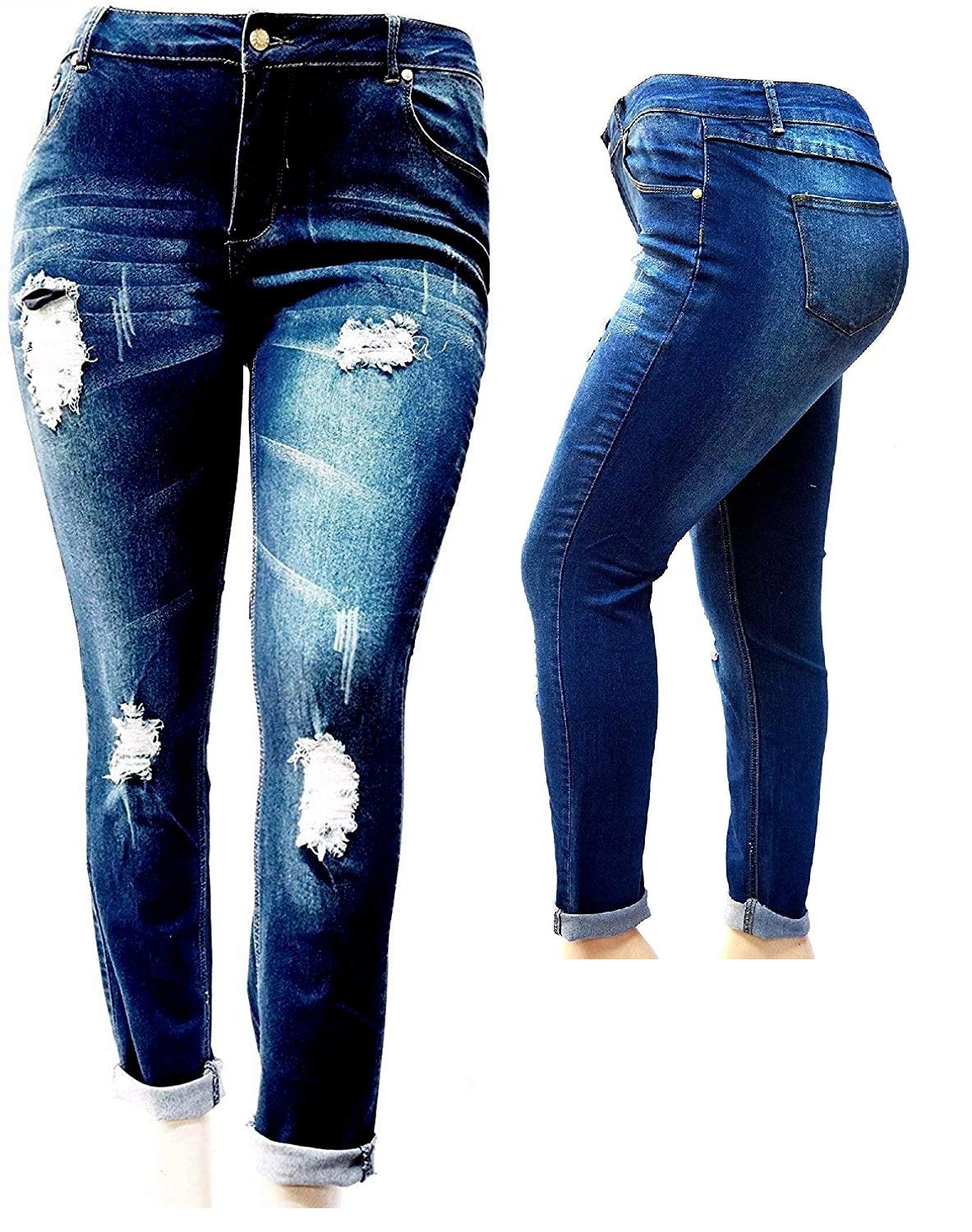 Jack David Women's Super Plus Size Ripped Destroyed Denim Skinny Jeans - Stretchy Distressed High Waist Pants for Casual Wear & Street Style