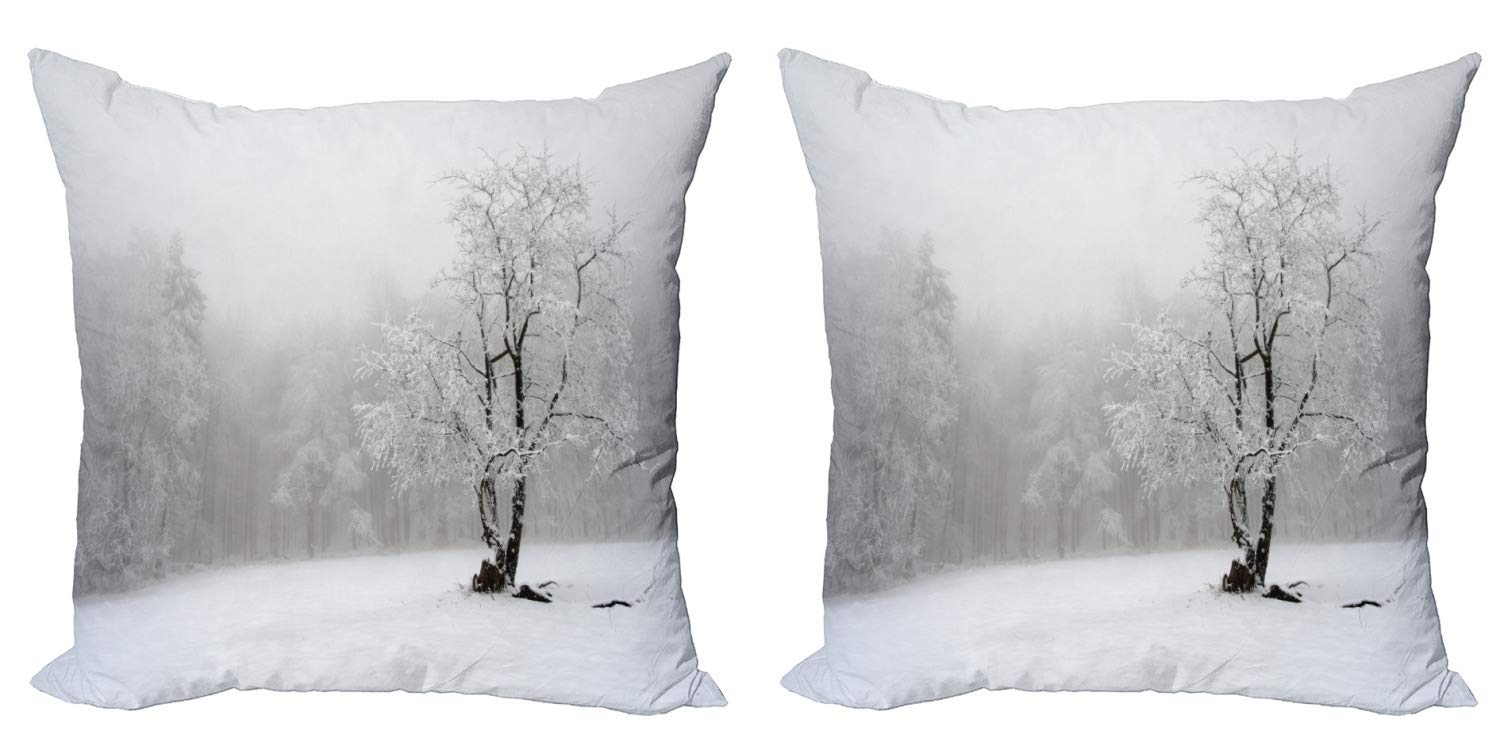 Ambesonne Winter Tree Throw Pillow Cover Set of 2 - Snowy Landscape & Foggy Forest Double-Sided Digital Print - 16 Inch Decorative Cushion Covers with Zipper - White & Black for Living Room Sofa Bedroom Decor