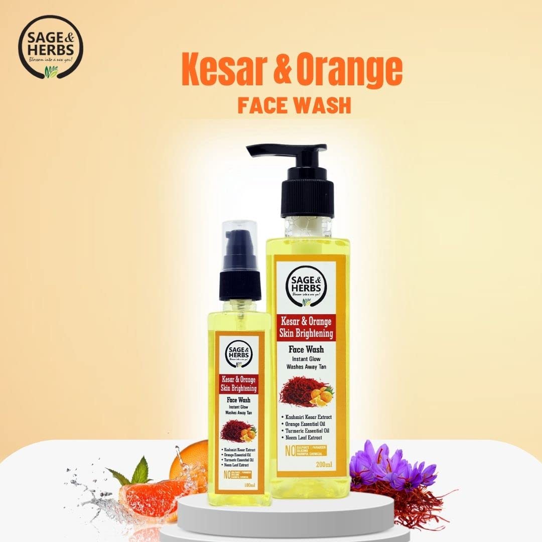 **Sage & Herbs Natural Brightening Kesar Orange Face Wash – Tan Removal & Skin Lightening, Reduces Dark Spots & Blemishes, 100ml – Perfect for Daily Glowing Skin Care Routine**