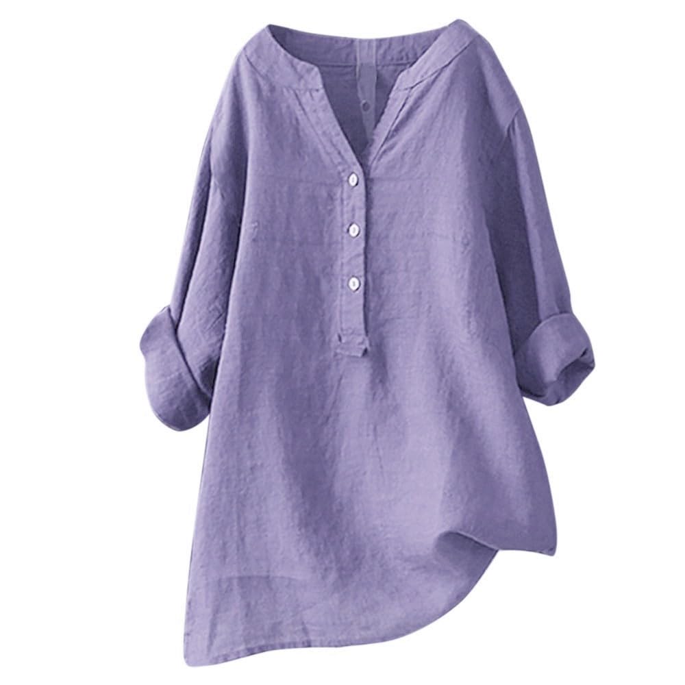 Women's Cotton Linen Jacquard Blouse - V-Neck Button Down Tunic Top with 3/4 Sleeves | Loose Fit Plus Size Casual Shirt for Work, Office & Everyday Wear