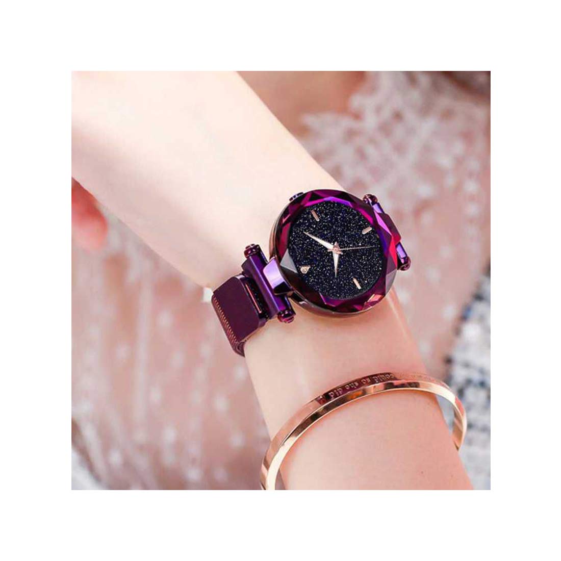 TIMESPACE TS-4025 Luxury Women's Quartz Watch - Black Dial with Purple Magnetic Strap, Slim Minimalist Design for Girls & Teens | Perfect for School, Office, Date Night & Everyday Wear