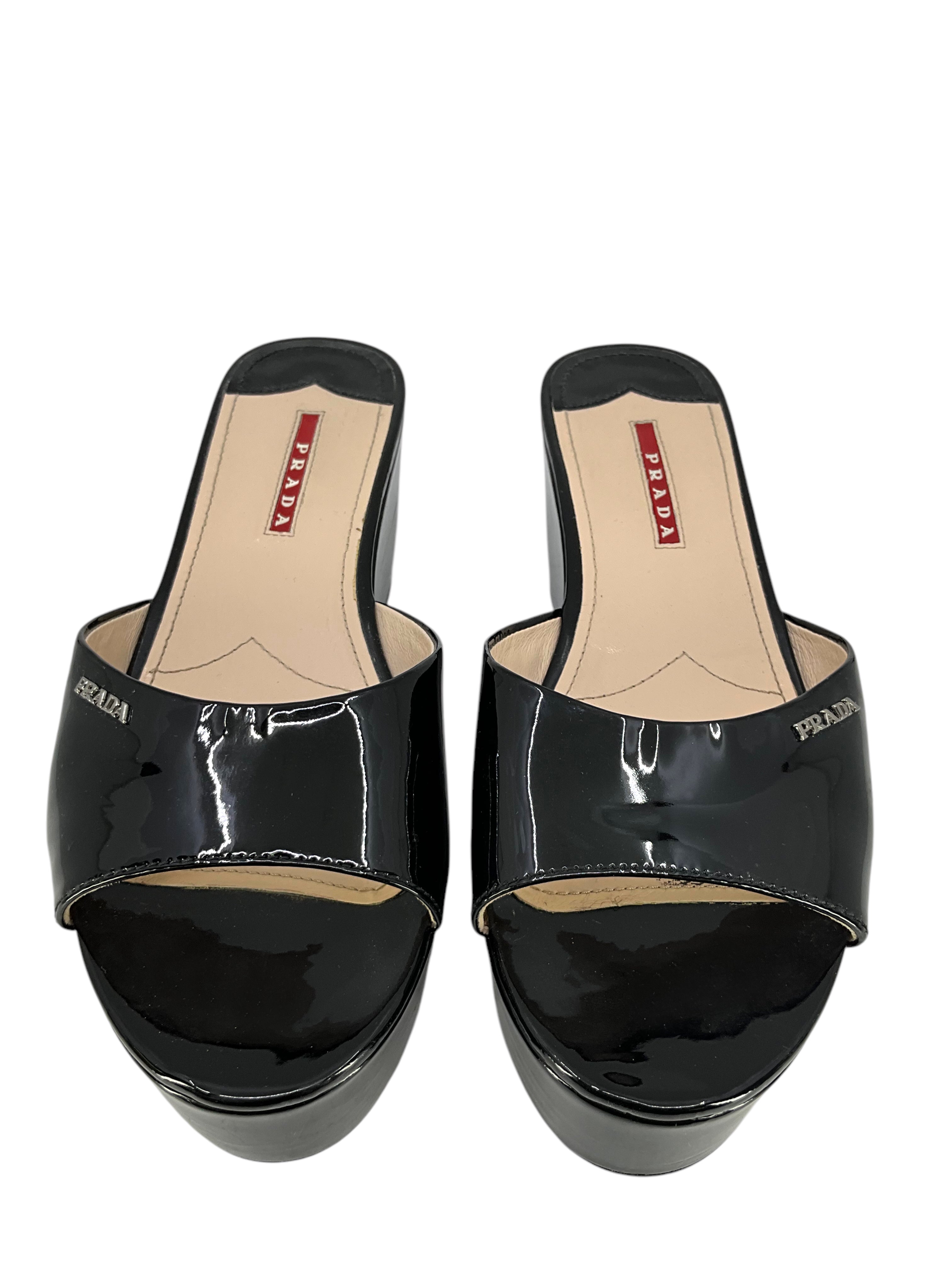 Prada Black Patent Leather Platform Sandals Women's Size 9.5 - Luxury High Heel Dress Shoes for Parties & Evening Events