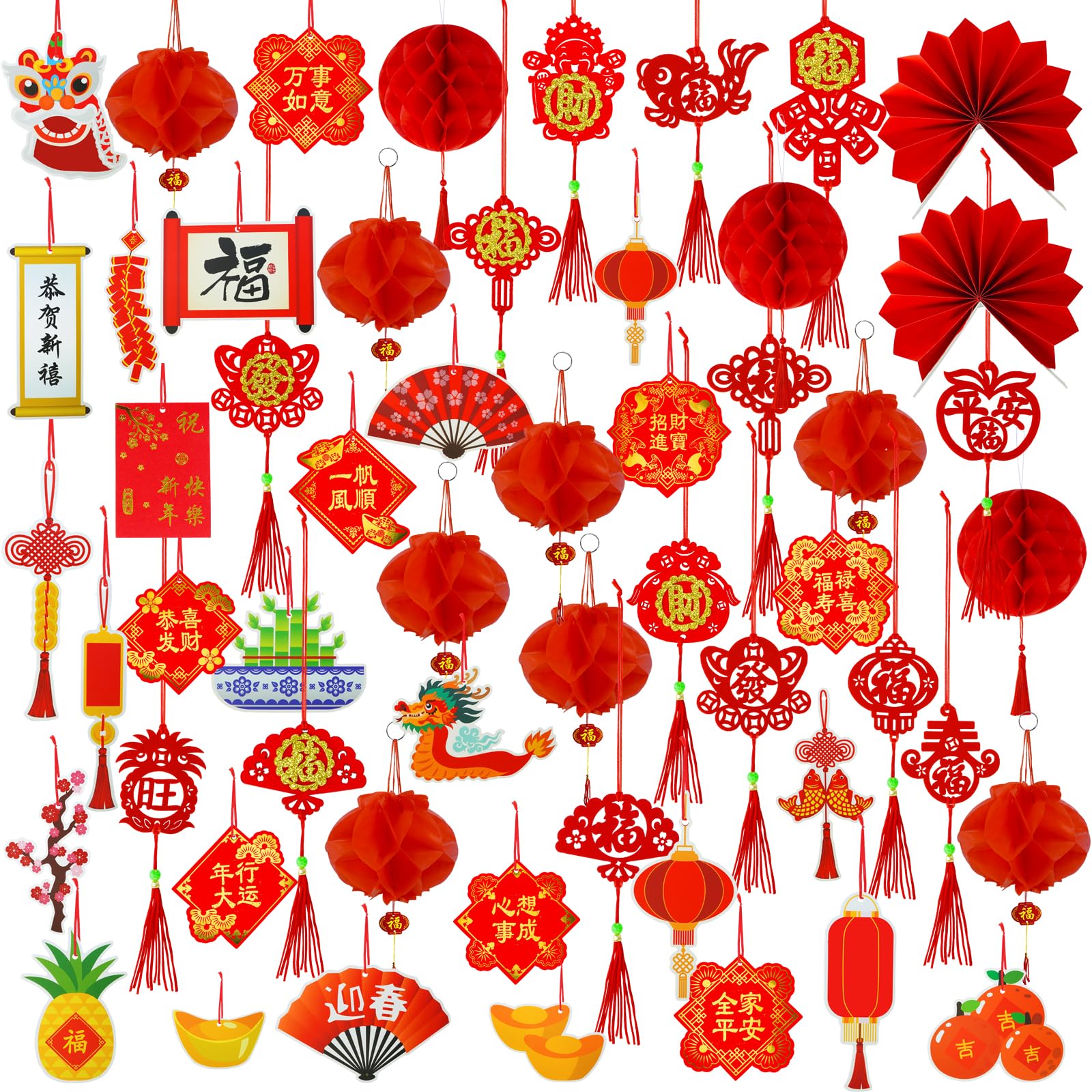 161 Pcs Chinese New Year Decorations Set - Red Hanging Lanterns, Lucky Ornaments, Paper Fans & Snake-Themed Tree Decor for 2025 Lunar New Year Party | Perfect for Home, Office & Festival Celebrations