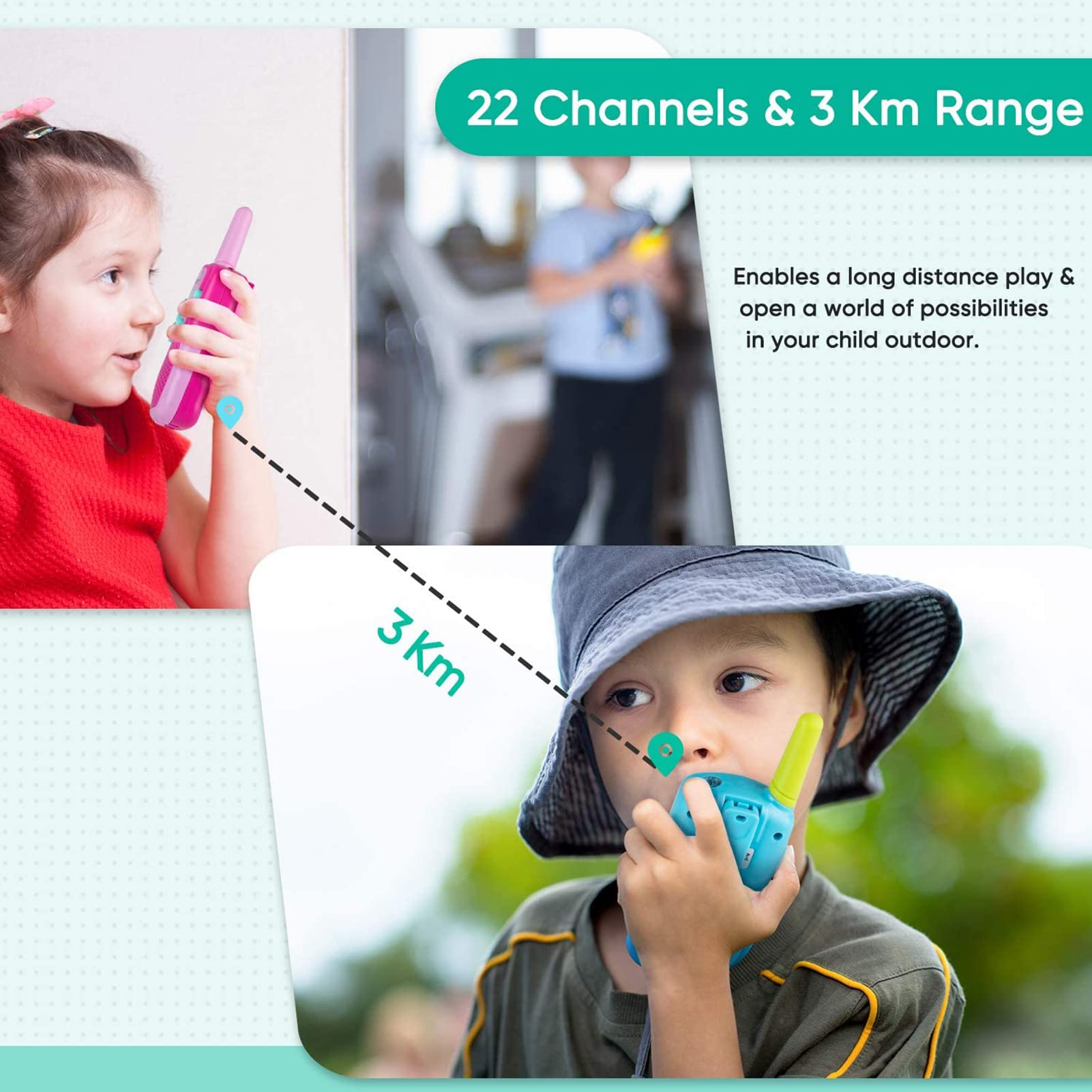 Obuby Kids Walkie Talkies - 22 Channel 2 Way Radios with LCD Backlit Flashlight, 3KM Range - Best Outdoor Toys Gift for Boys & Girls Ages 3-12 - Perfect for Hiking, Camping, Backyard Adventures & Family Outdoor Activities
