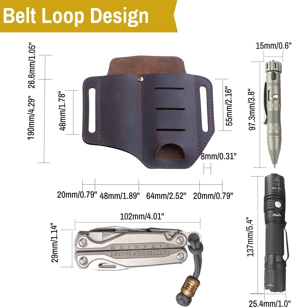 VIPERADE PJ8 Small EDC Leather Sheath for Belt - Handmade 2 Pocket Multitool Organizer - Durable Leather EDC Pouch for Men - Perfect for Camping, Hiking & Everyday Carry