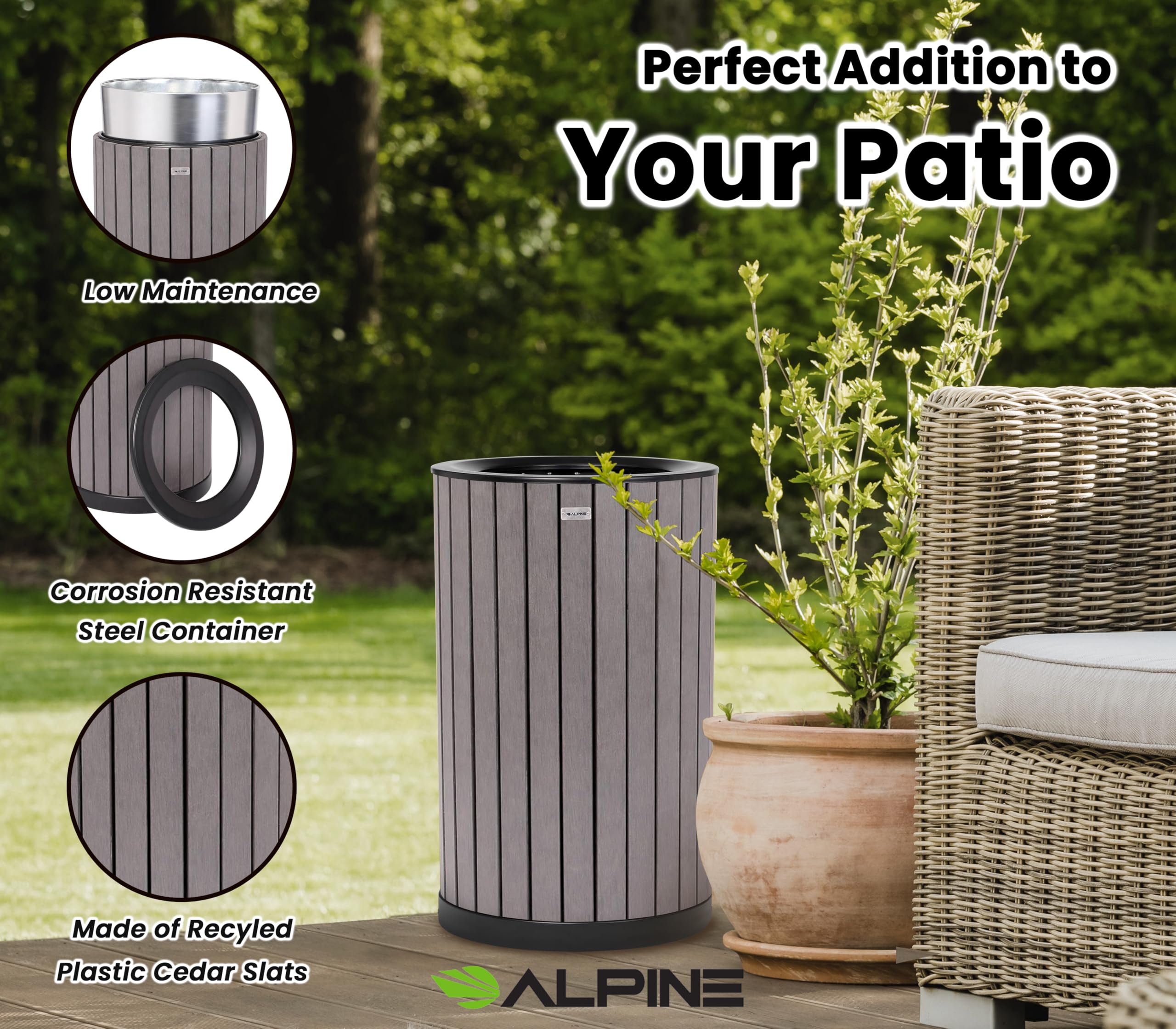 32 Gallon Heavy Duty Commercial Outdoor Trash Can - Durable Industrial Garbage Bin with Plastic Panels for Patio, Parks, Trails & Resorts - Flat Lid Grey - Perfect for High Traffic Areas, Campgrounds & Public Spaces