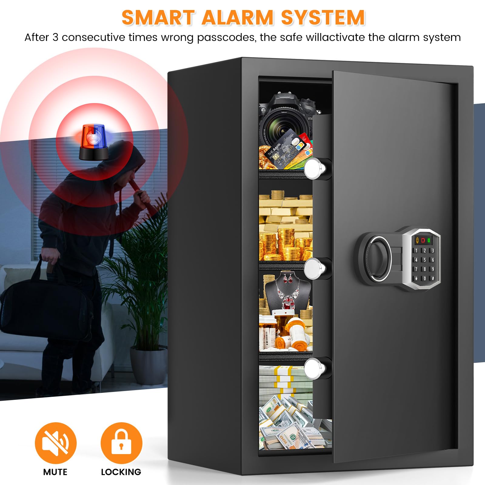 4.0 Cubic Feet Large Fireproof Waterproof Digital Safe Box with Combination Lock, Alarm System & Removable Shelf - Home Security Safe for Documents, Money & Valuables | Fire Resistant Protection for Office, Bedroom & Business Use