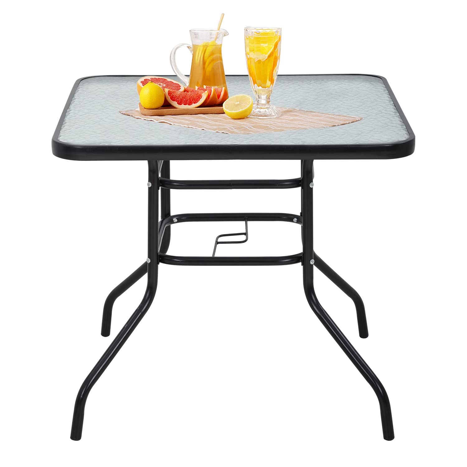 FDW Bistro 36-inch Outdoor Patio Dining Table with Tempered Glass Top & Umbrella Hole - Square Black Metal Frame for Garden, Balcony, Backyard - Perfect for Outdoor Entertaining & BBQ Gatherings