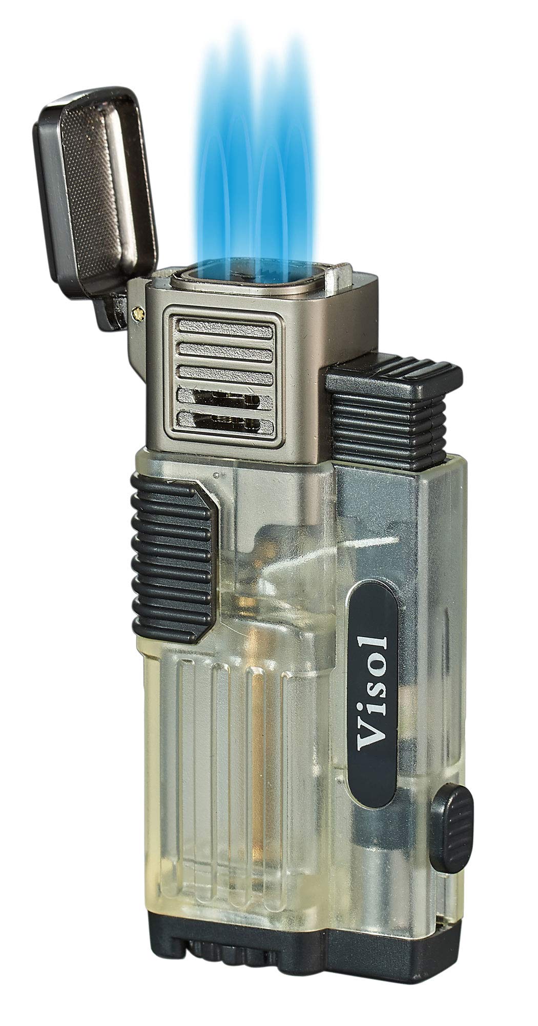 Visol Cardif Clear Transparent Quad Torch Flame Cigar Lighter - Windproof Butane Refillable for Cigars, Cigarettes & Outdoor Use (Perfect for Camping, BBQ & Travel)