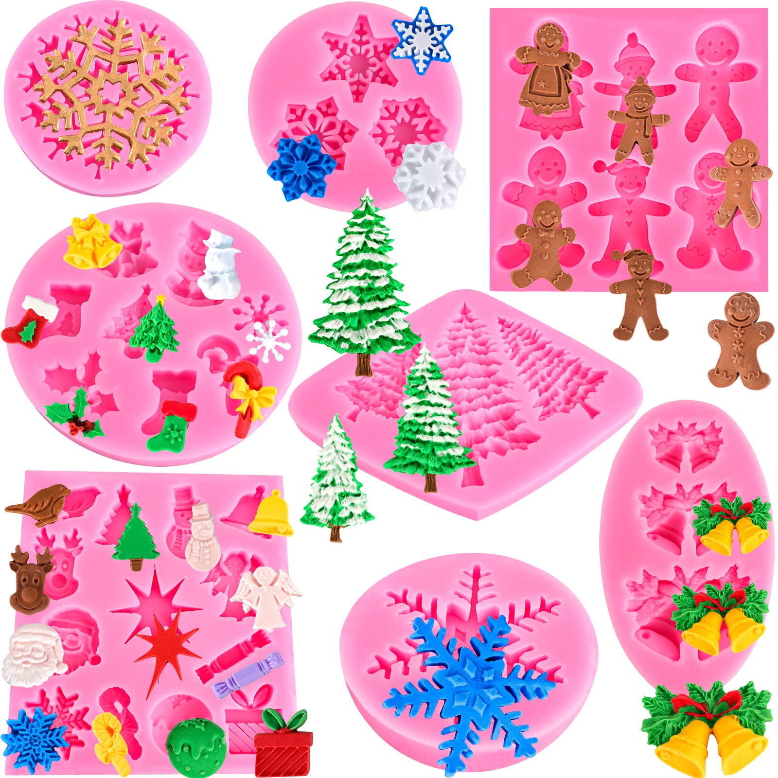 Christmas Silicone Baking Molds Set - Snowflake, Snowman, Tree, Holly Leaves & Santa Claus Designs for Fondant, Chocolate, Candy & Cake Decorating | Perfect for Xmas, New Year Party & Holiday Dessert Making