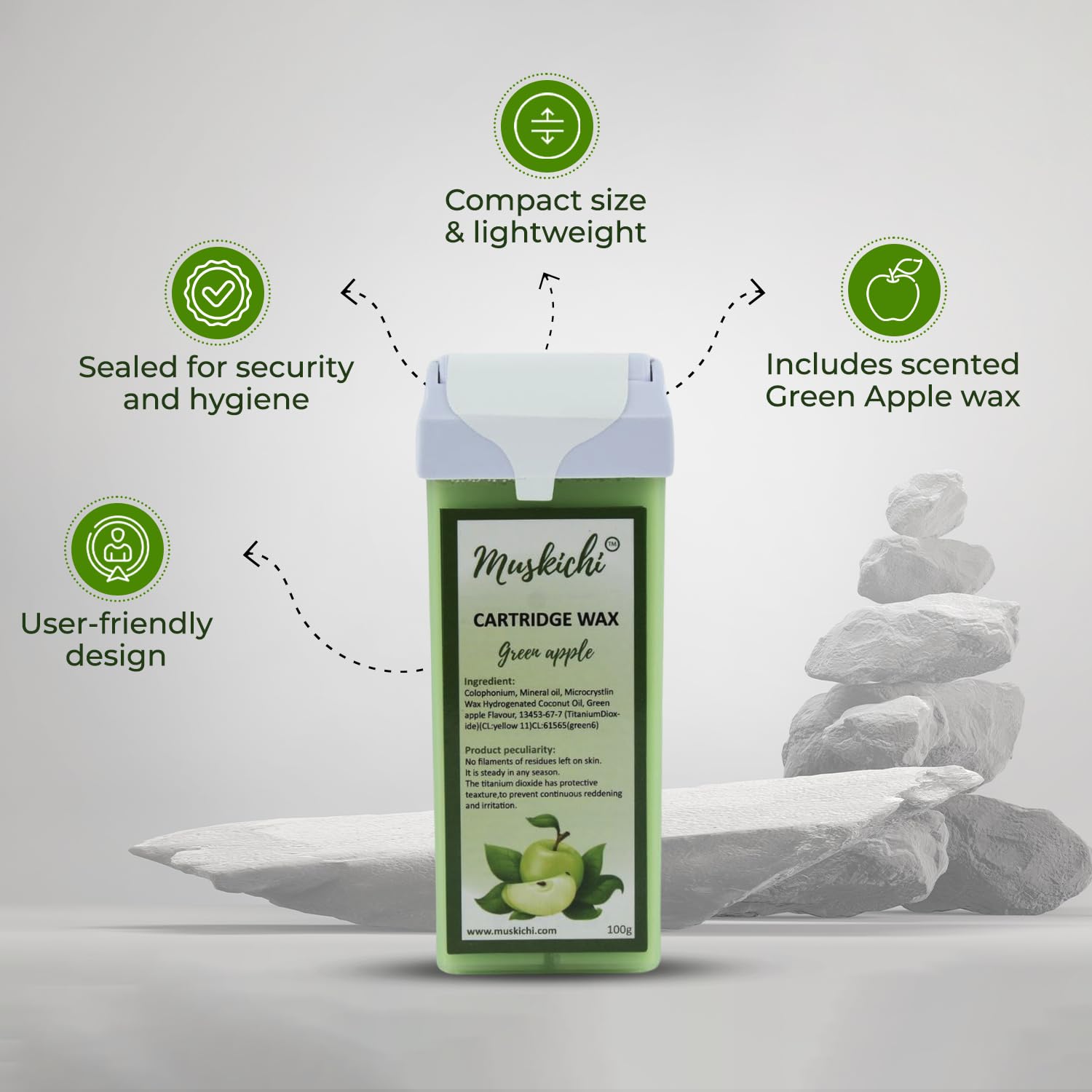 MUSKICHI Green Apple Roll-On Wax Cartridge – 100ml (Pack of 1) | Painless Hair Removal Wax for Men & Women | All Skin Types | Refillable Body Waxing Kit for Legs, Arms, Bikini & Face | Easy At-Home Waxing Solution