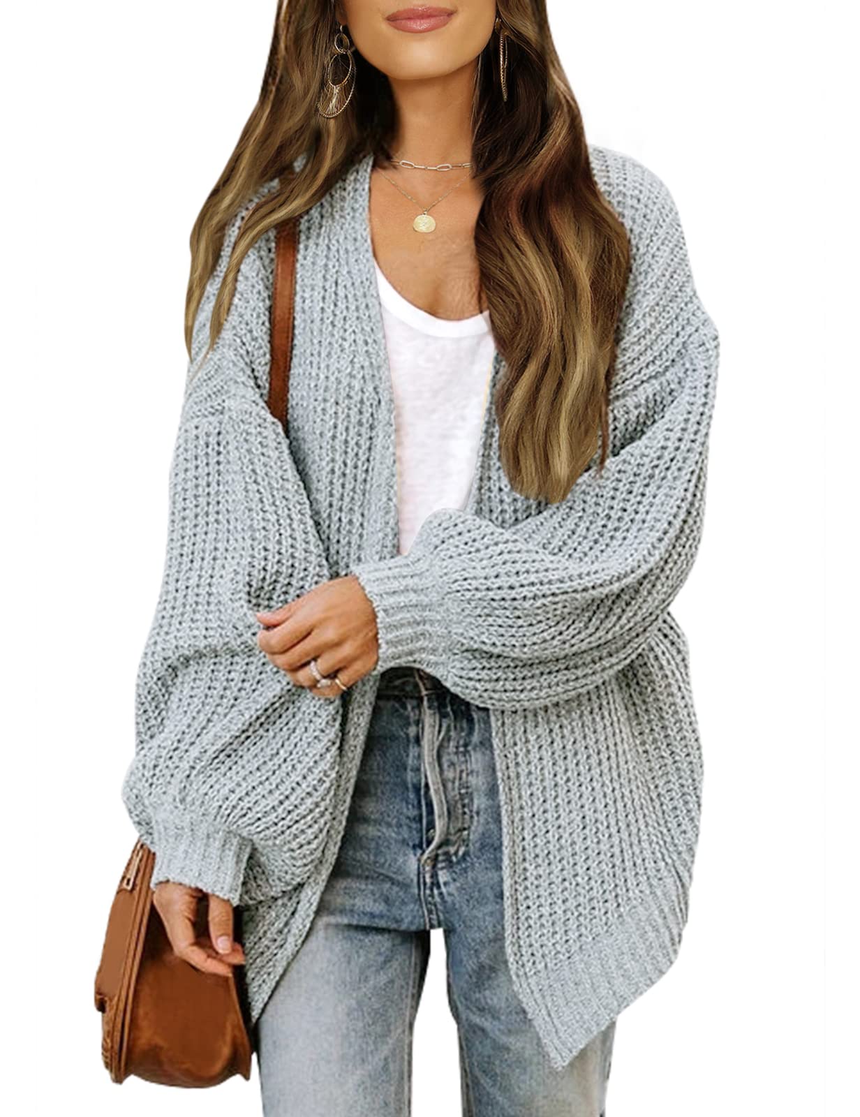 Stylish Open Front Long Lantern Sleeve Cardigan - Oversized Chunky Knit Sweater with Pockets | Cozy Fall & Winter Layering for Women