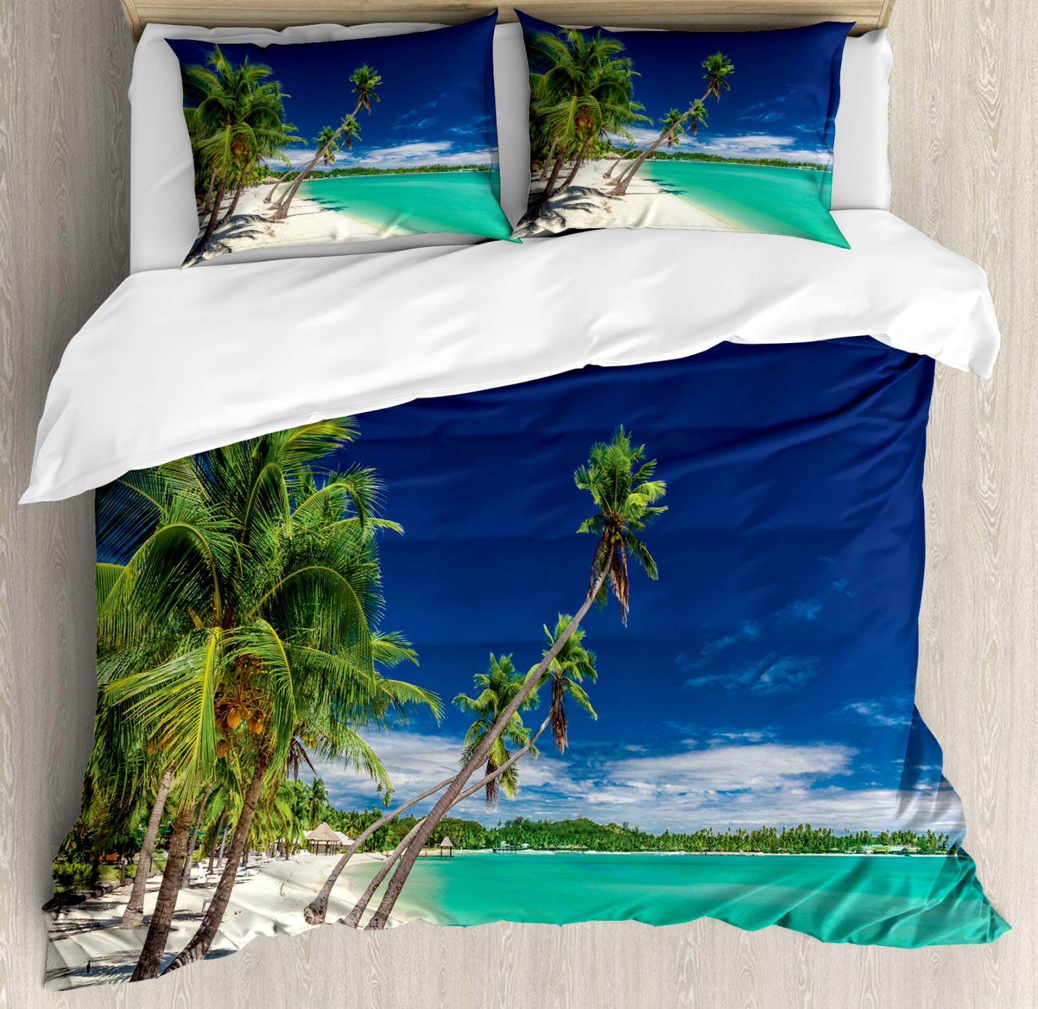 Ambesonne Fiji King Size Duvet Cover Set - Exotic Beach with Coconut Trees Over Lagoon, 3 Piece Bedding Set with 2 Pillow Shams, Night Blue Turquoise | Tropical Coastal Bedroom Decor for Master Bedroom, Guest Room & Vacation Homes