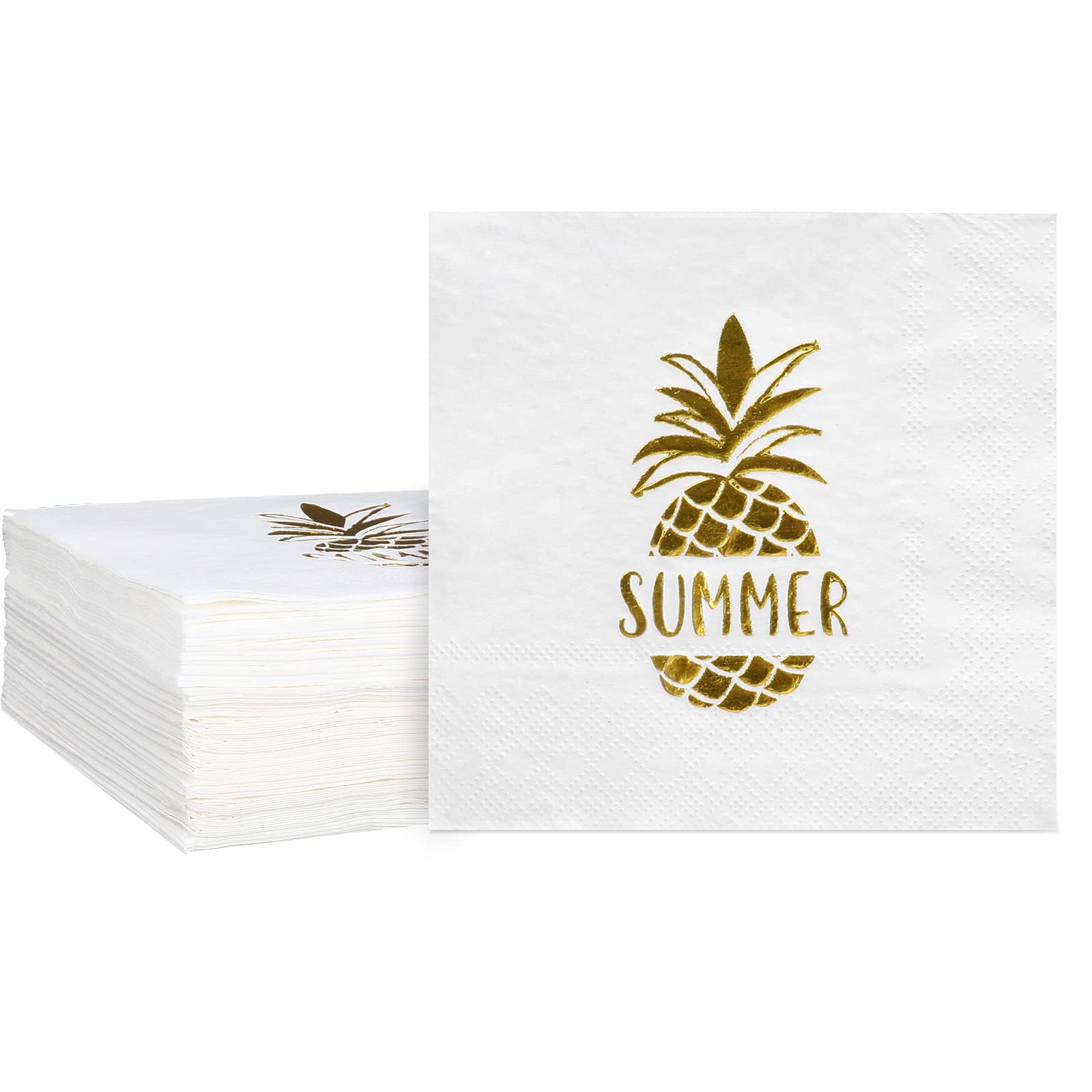 AnyDesign 100-Pack 5x5 Inch Gold Foil Pineapple Cocktail Napkins - Disposable White Summer Party Paper Napkins for Birthdays, Baby Showers, Beach & Pool Parties - Perfect for Tropical Themed Events & Outdoor Gatherings