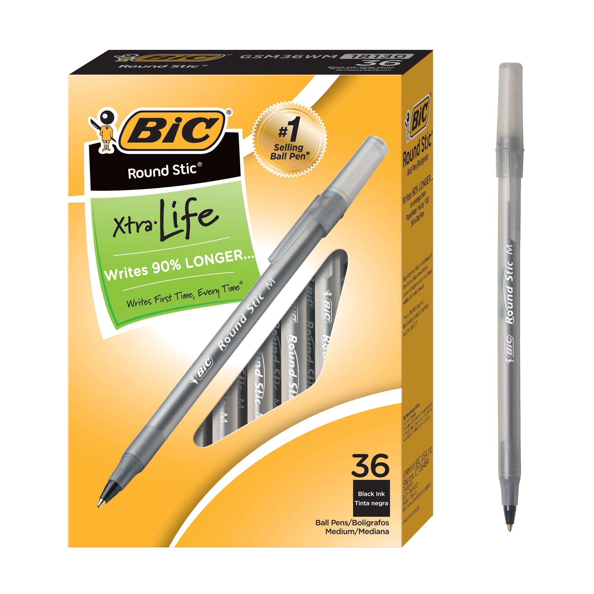 BIC Round Stic Xtra Life Black Ballpoint Pens, 36-Pack Bulk Pens, Medium Point 1.0mm - Comfortable Flexible Barrel for Smooth Writing - Ideal for Office, School & Home Use - #1 Best Selling Ballpoint Pens
