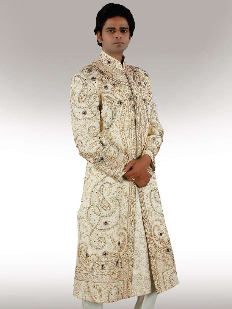 Eshan Premium Heavy Embroidered Beige Sherwani for Men | Traditional Indian Wedding Attire | Perfect for Weddings, Festivals & Special Occasions