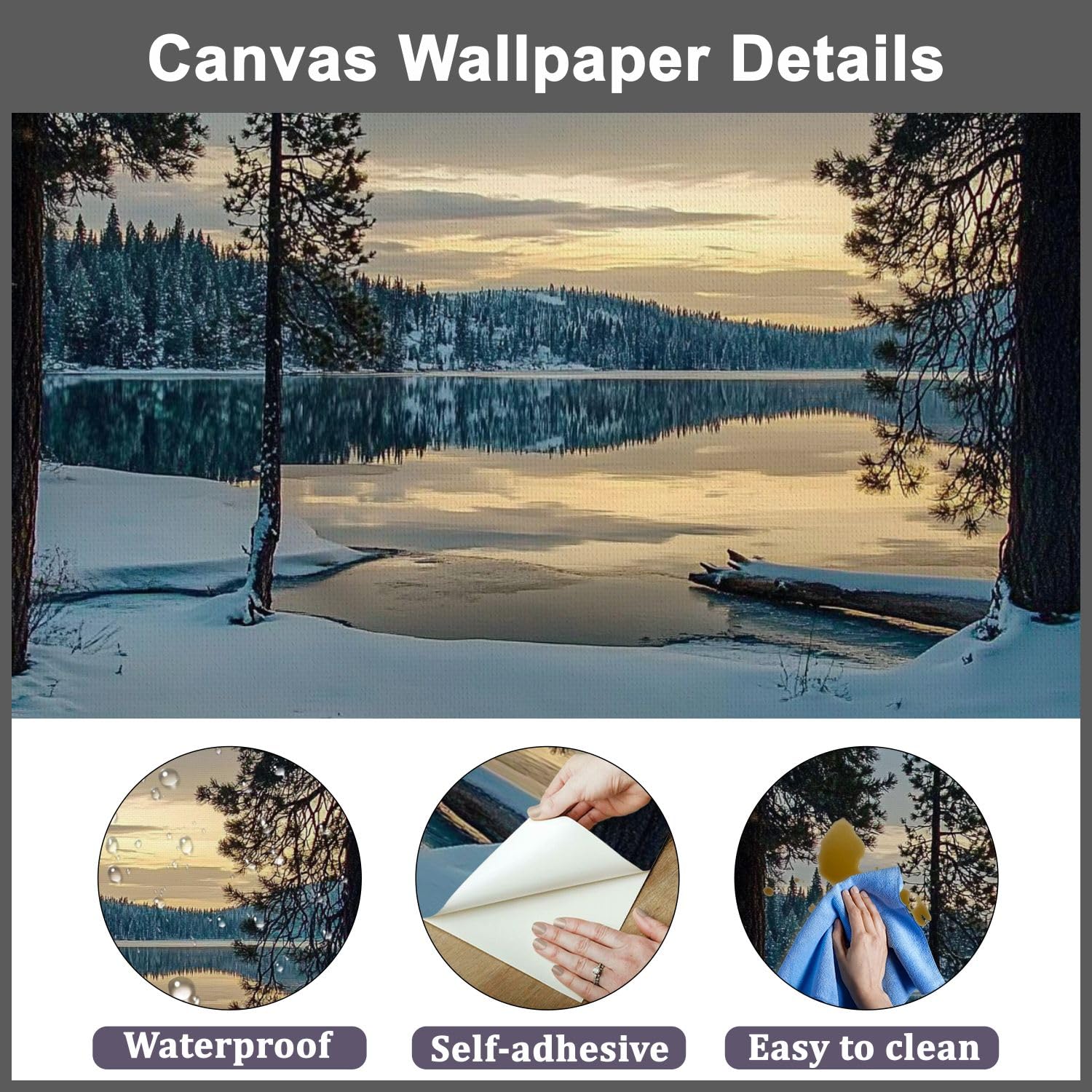 Idaho Mountain Lake Winter Sunset Peel and Stick Wallpaper - Self-Adhesive Removable Wall Mural (100''x144'') for Living Room, Bedroom & TV Background - Easy DIY Home Decor for Modern Interior Design