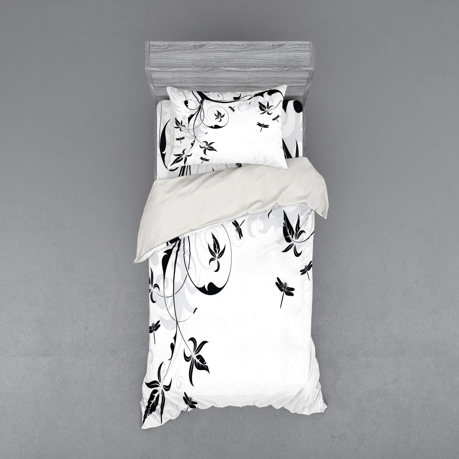 Ambesonne Dragonfly Duvet Cover Set - Twin XL Size, 3 Piece Bedding with Sham & Fitted Sheet, Swirled Floral & Damask Curl Branches Print in Pale Grey Black White - Perfect for Bohemian Bedroom Decor, Guest Room Makeover, or Nature-Inspired Home Styling