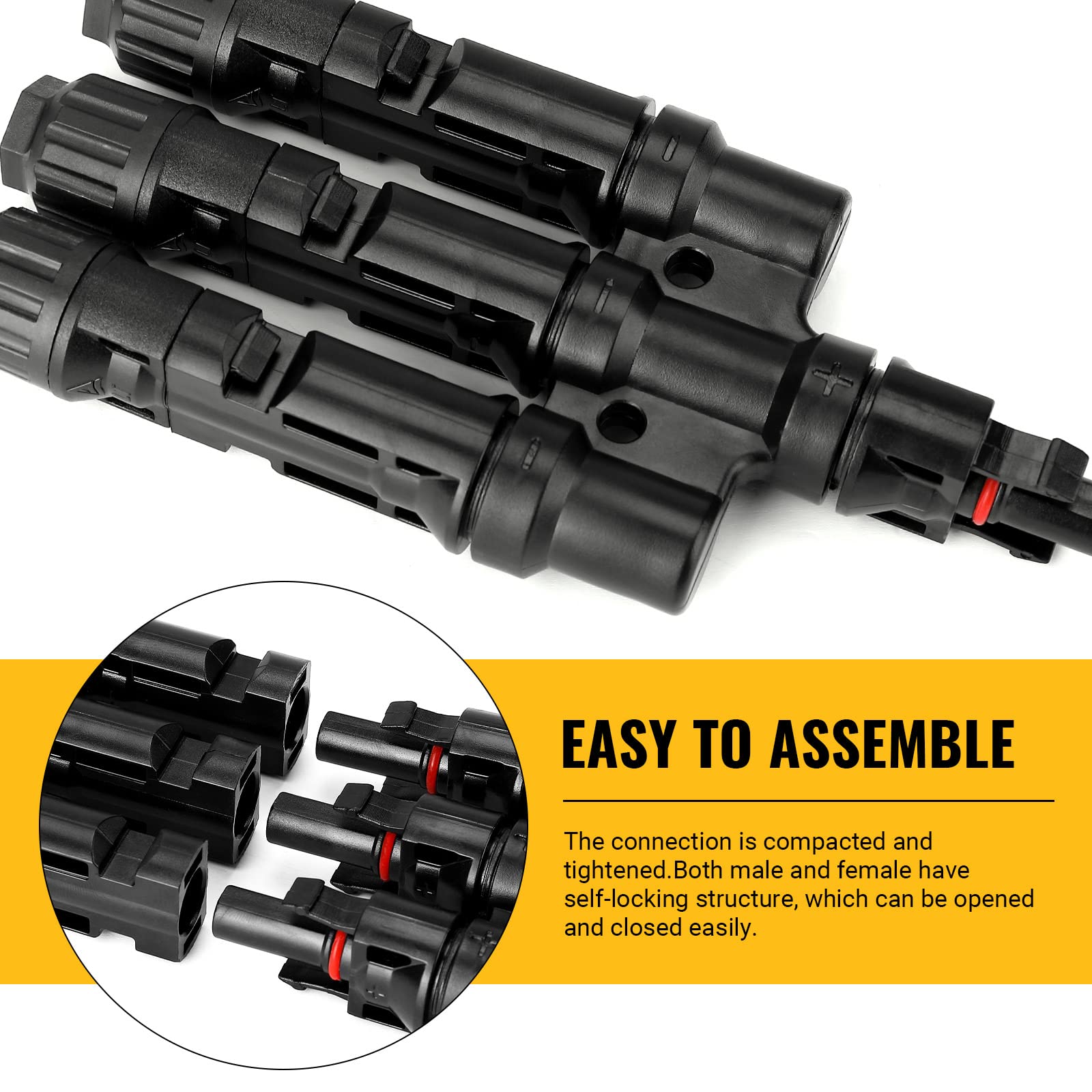 1 Pair 3-in-1 Waterproof T Branch Solar PV Panel Connector - MC4 Male & Female for Solar Panel Wiring, Off-Grid Systems, and RV Solar Installations