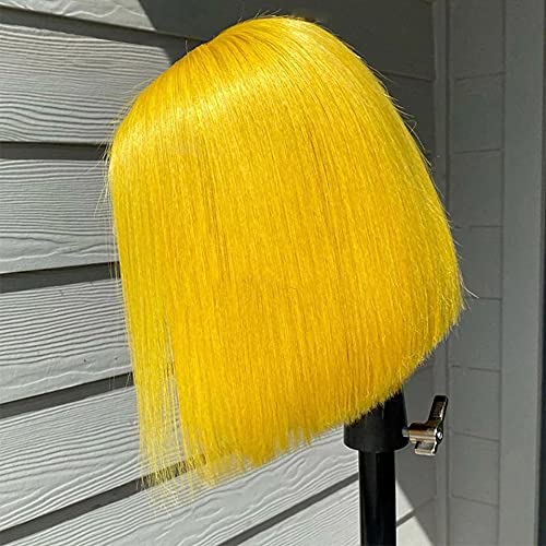 Yellow Bob Wigs Human Hair 10 Inches Silky Straight Glueless 13x4 Lace Front Bleached Knots Pre Plucked with Baby Hair | HD Transparent Lace Frontal Bob Wigs Blunt Cut 180% Density | Perfect for Cosplay, Halloween, Daily Fashion & Special Occasions for Women