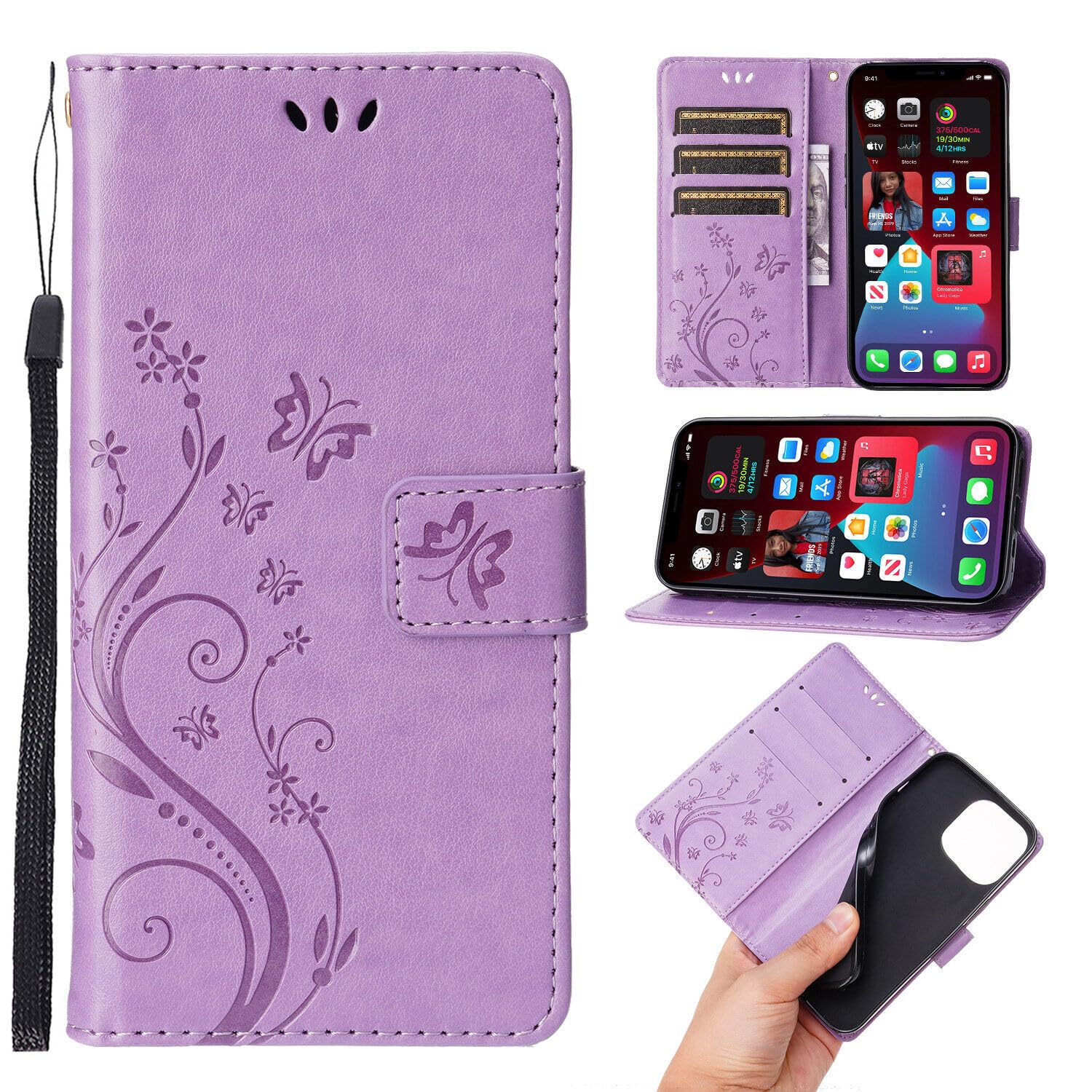 Premium PU Leather Flip Case for iPhone 15 Pro - Shockproof Butterfly Embossed Wallet Case with Kickstand, Card Holder, Lanyard & One-Touch Pen (Light Purple) - Perfect for Work, Travel & Everyday Protection