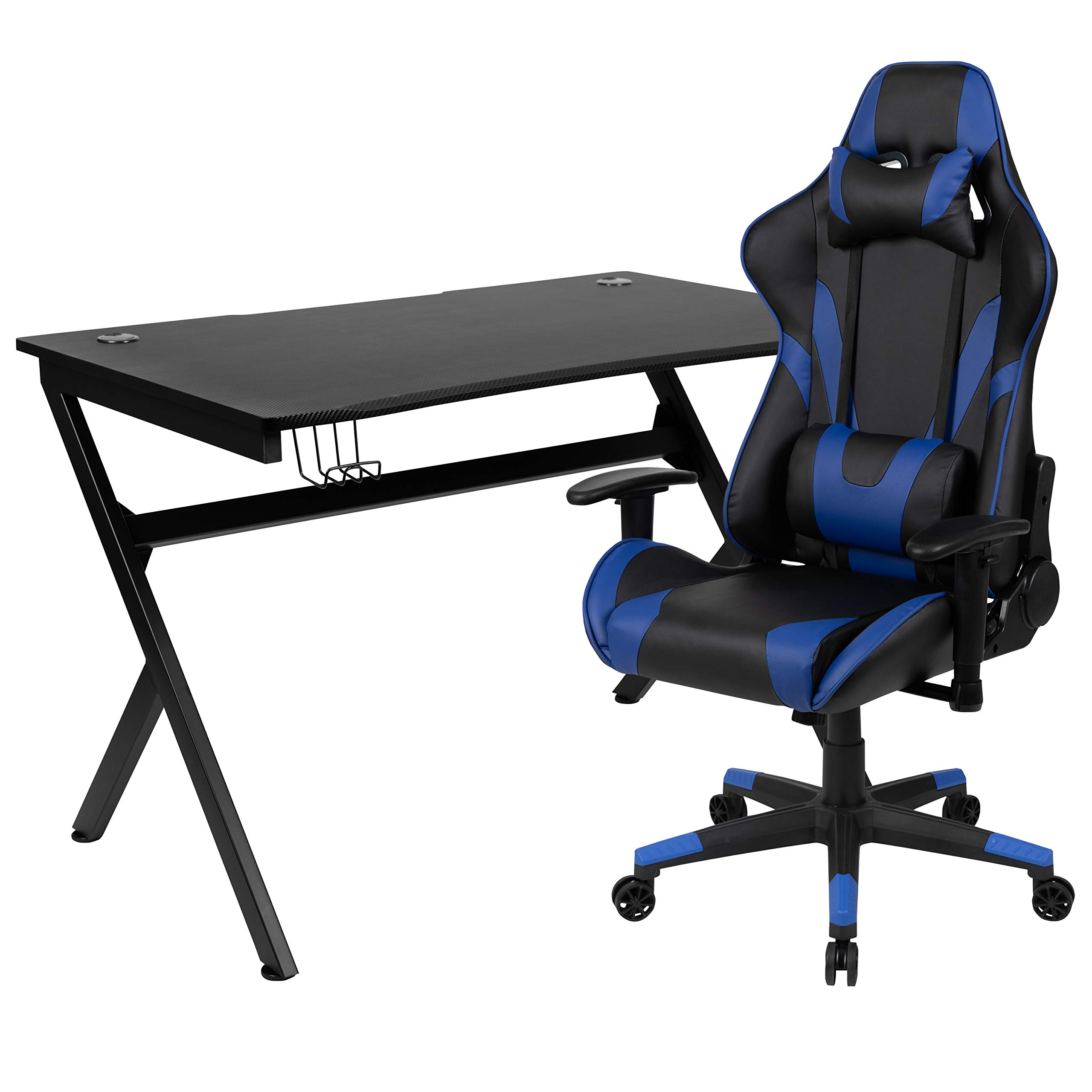 Black Gaming Desk and Blue/Black Ergonomic Gaming Chair Set with Cup Holder, Headphone Hook & Cable Management - Perfect for PC Gaming, Streaming & Home Office Setup