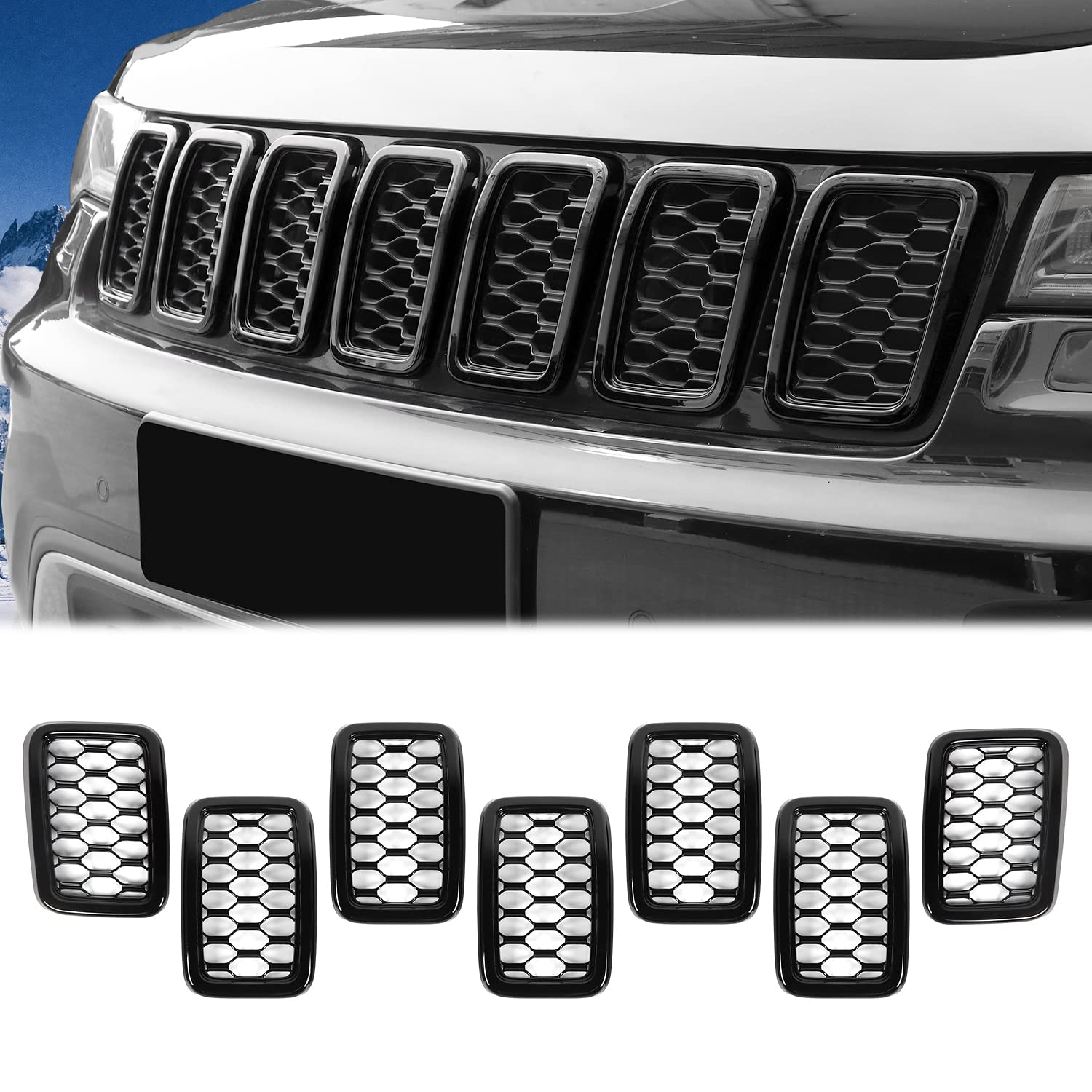 JeCar 7Pcs Black Honeycomb Front Grill Rings & Mesh Inserts Cover Trim Kit for 2017-2020 Jeep Grand Cherokee - Off-Road & Urban Style Upgrade