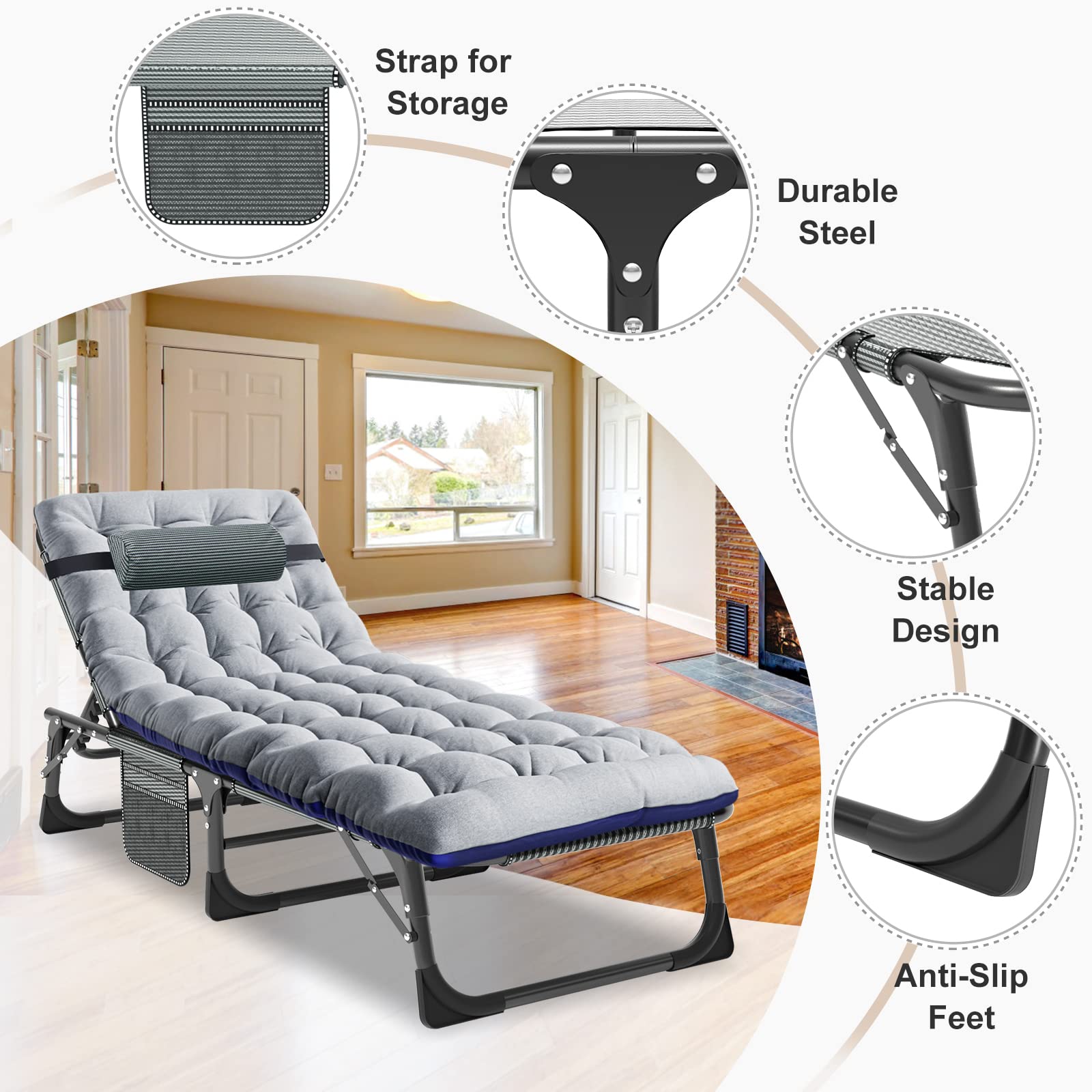 ABORON 5-Position Adjustable Camping Cot for Adults - Portable Folding Sleeping Cot & Outdoor Lounge Chair with Pillow - Perfect for Beach, Lawn, Camping, Poolside & Sunbathing