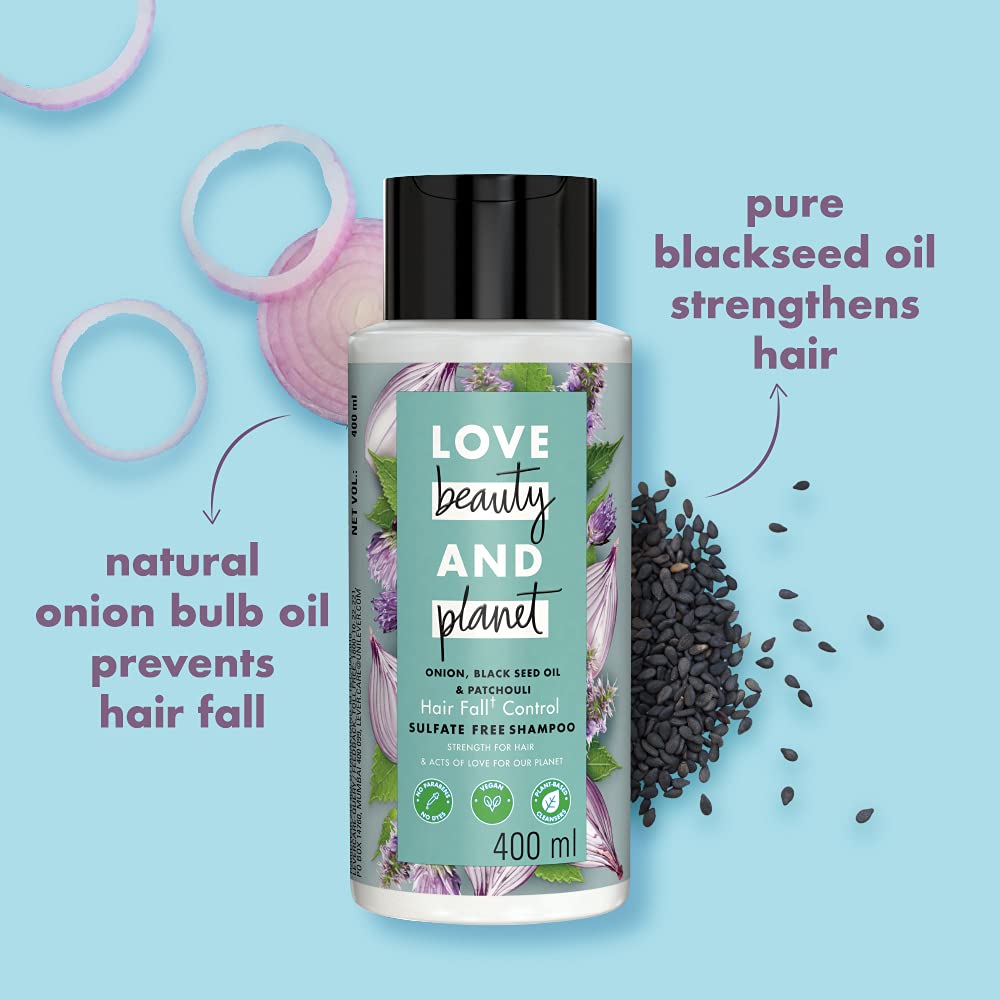 Love Beauty & Planet Sulfate-Free Hairfall Control Shampoo with Onion Oil, Blackseed Oil & Patchouli (400ml) & Moisturizing Body Wash for Dry Skin (400ml) - Hair Growth Solution & Hydrating Skin Care for Daily Use