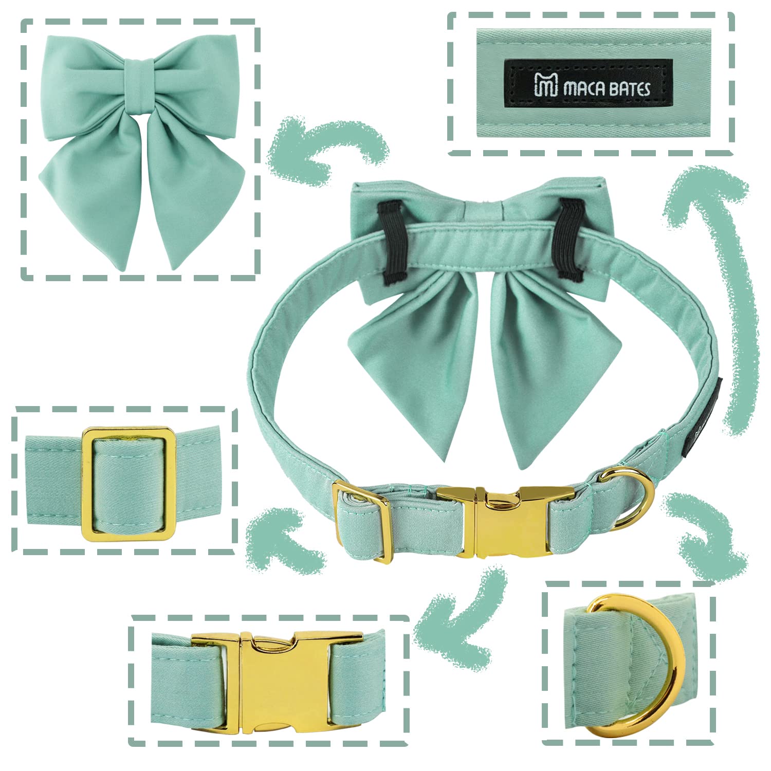 Adjustable Breakaway Dog Collar with Bow Tie - Green Sailor Style Collar for Small Medium Large XL Dogs - Golden Metal Buckle Pet Accessories - Perfect for Birthday Gifts, Costume Parties & Daily Walks