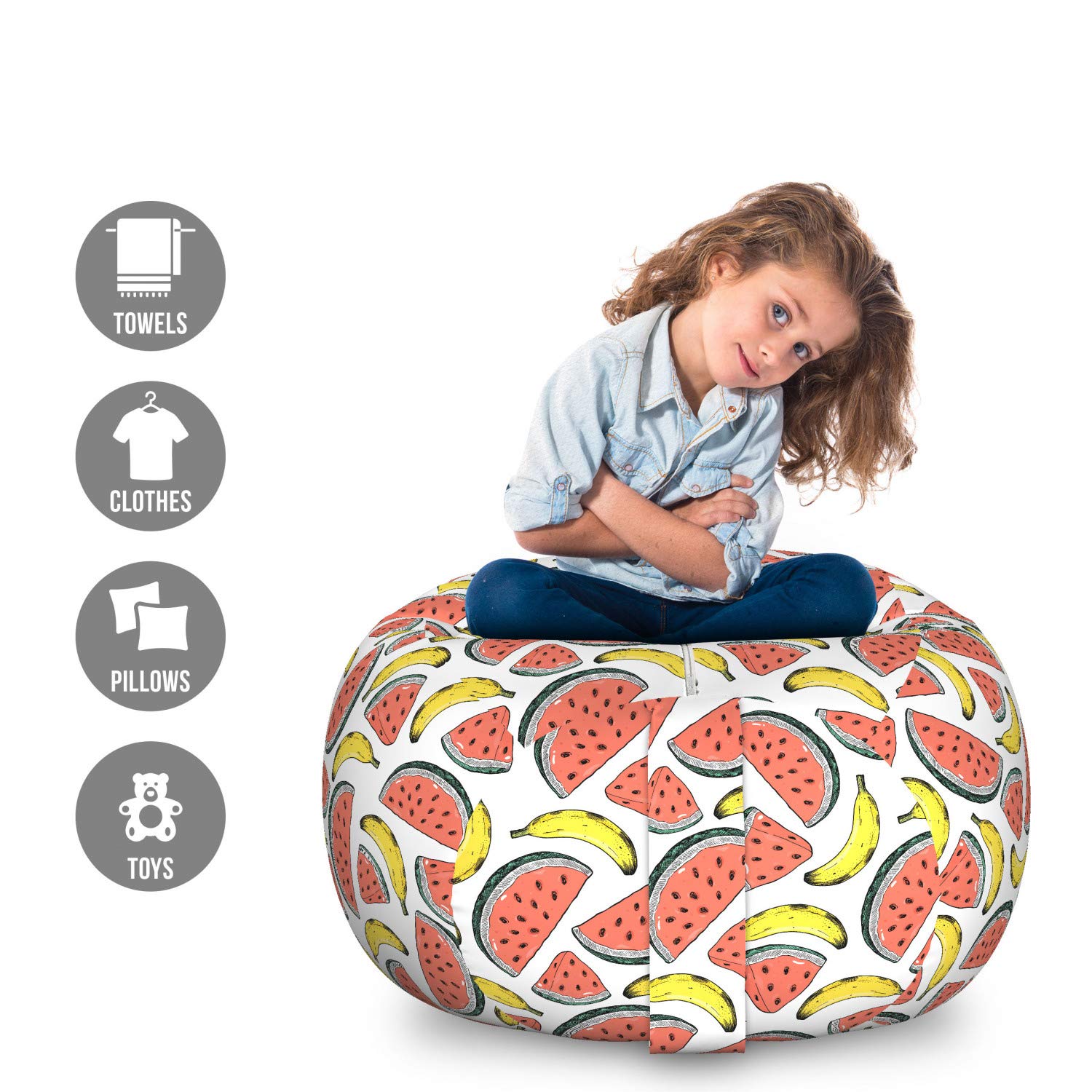 Ambesonne Fruit-Themed Storage Toy Bag Chair - Large Washable Stuffed Animal Organizer with Watermelon & Banana Design in Coral, White & Yellow | Kids' Room Decor, Playroom Storage, Nursery Organization