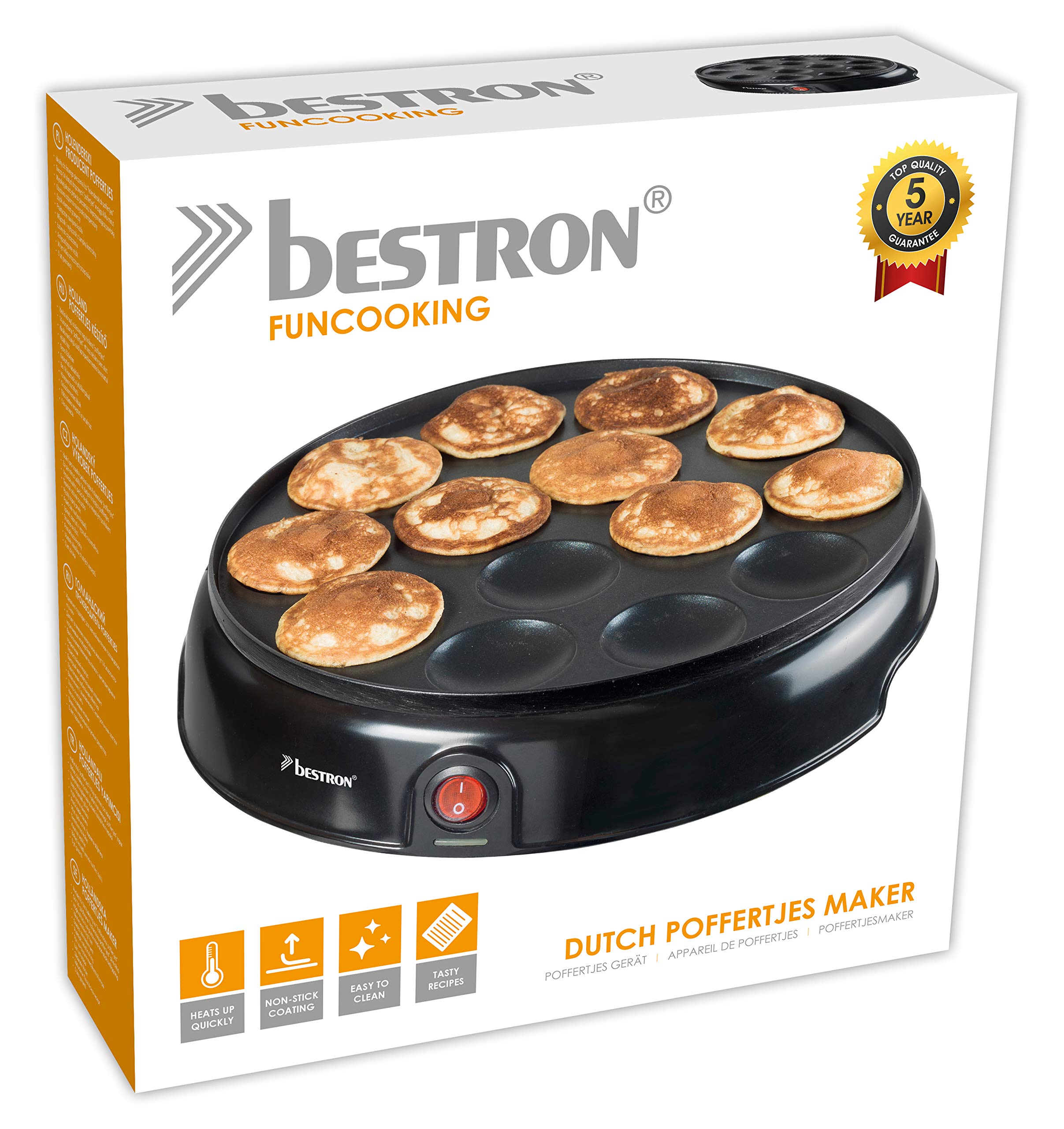 Bestron Retro Design Dutch Poffertjes Pancake Maker - Non-Stick Coating & Indicator Light, Mini Crepes Machine, Sweet Dreams Collection, Black - Perfect for Breakfast, Brunch & Dessert Parties