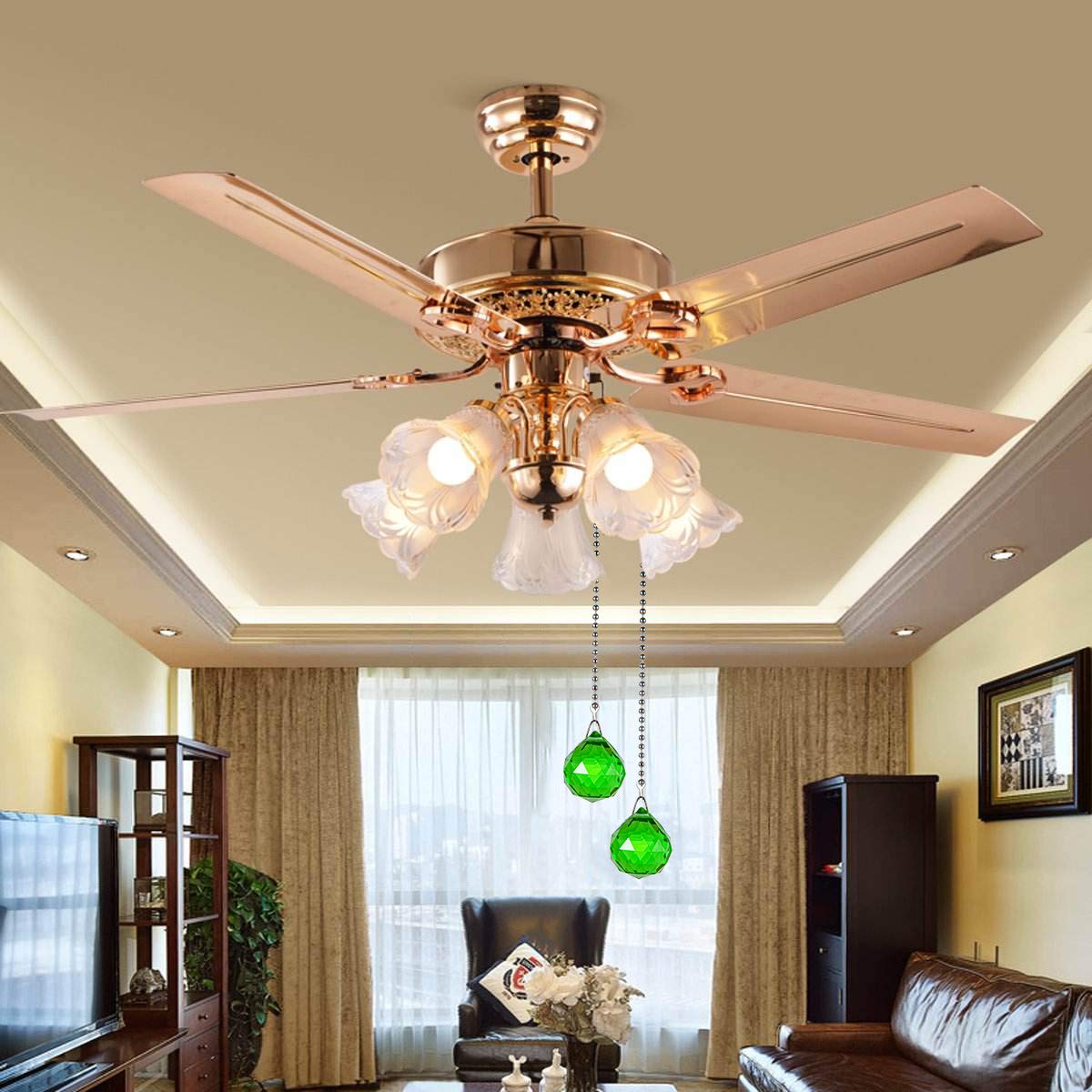 2-Pack 30mm Green Prism Ball Ceiling Fan Pull Chain with Decorative Light Bulb & Cord - Perfect for Home, Bedroom, Living Room Fan Replacement & DIY Lighting Upgrade