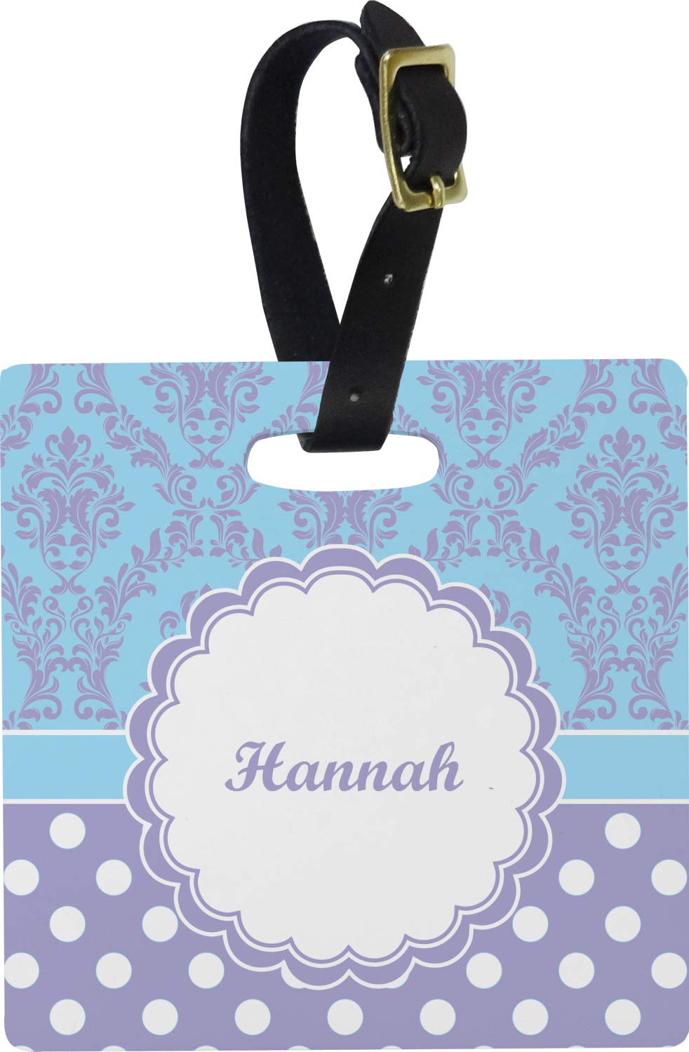 Custom Purple Damask & Dots Personalized Plastic Luggage Tag with Name/Text - Square Travel ID Tag for Suitcases, Backpacks & Carry-On Bags