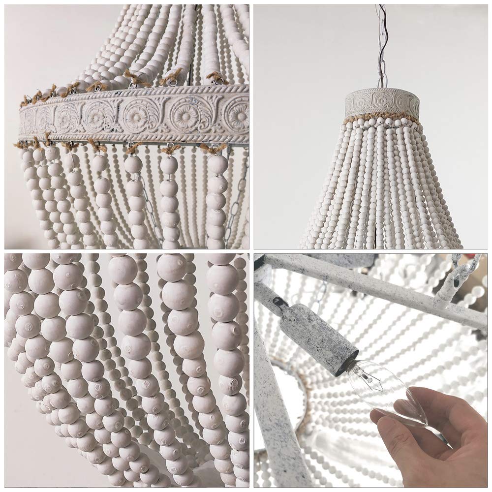 Modern Rustic Wood Bead Chandelier - 3-Light Farmhouse Pendant Lighting Fixture with Wooden Beads for Dining Room, Kitchen, Bedroom & Foyer | D17.7