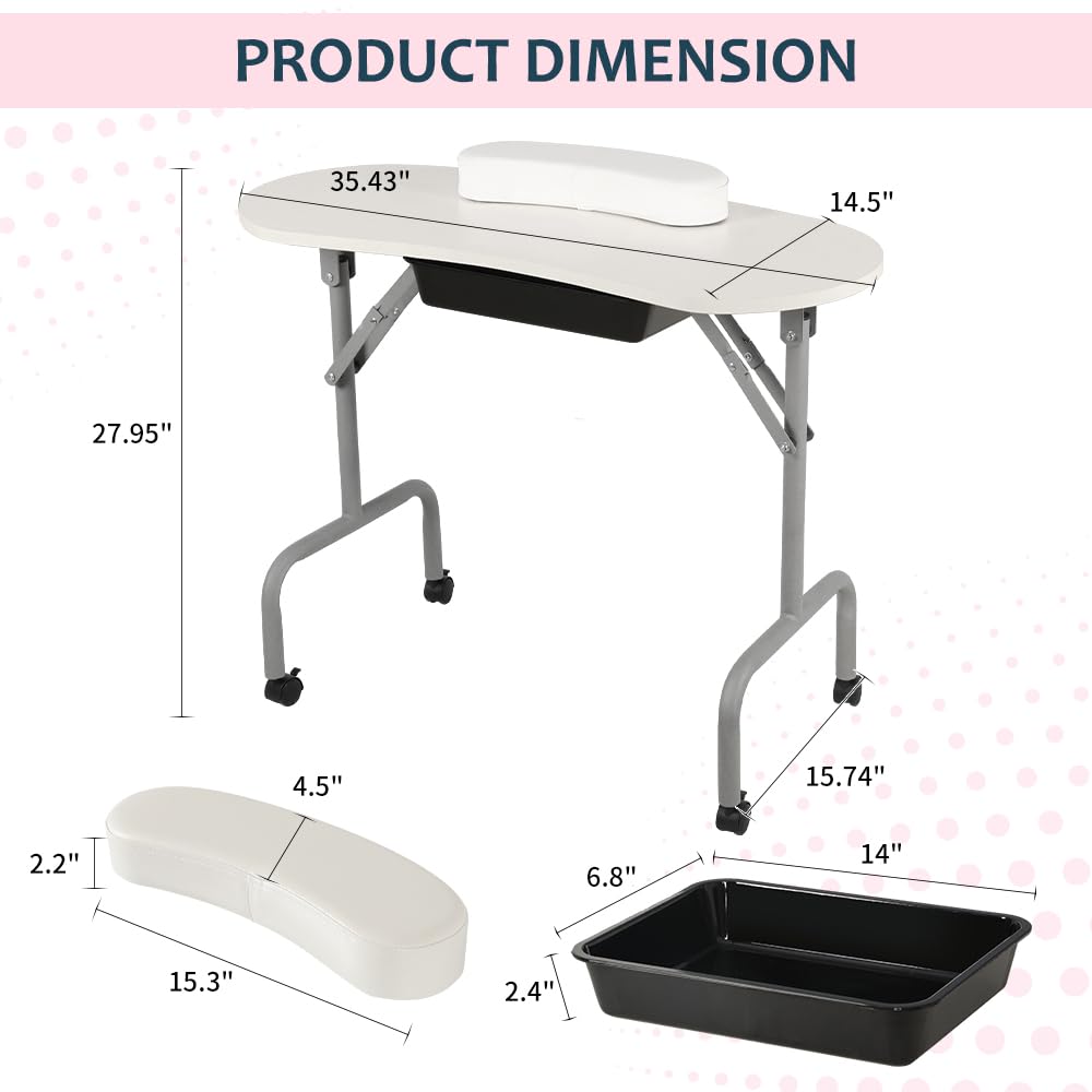 Portable Foldable Manicure Table with Large Drawer - 36 Inch White Nail Tech Station for Salon Professionals | Includes Wrist Cushion, Carry Bag & 4 Lockable Wheels | Perfect for Home Salons, Mobile Nail Technicians & Spa Treatments