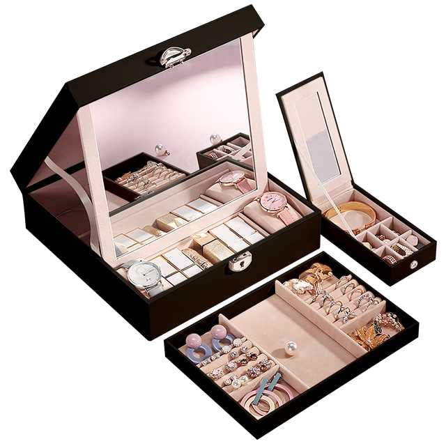 ROYALFAIR 2-Layer Large Leather Jewelry Box Organizer for Women - Portable Storage Case with Mirror for Earrings, Bracelets, Rings & Watches (Black) | Perfect for Travel, Home Decor & Gift Giving