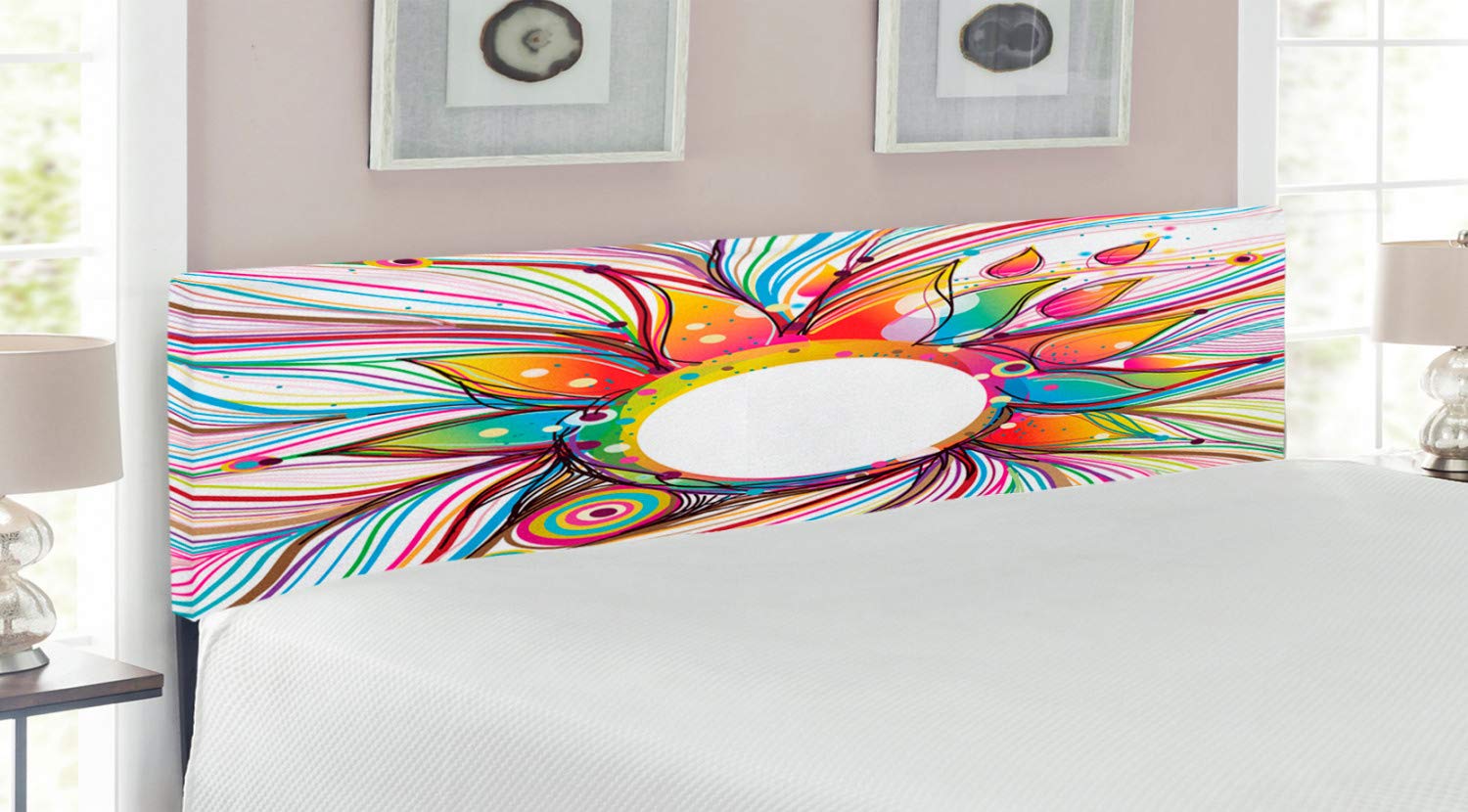 Ambesonne Abstract King Size Upholstered Headboard - Modern Smoky Wavy Floral Design with Rainbow Stripes, Decorative Metal Bed Frame with Memory Foam | Perfect for Master Bedroom, Guest Room & Contemporary Home Decor