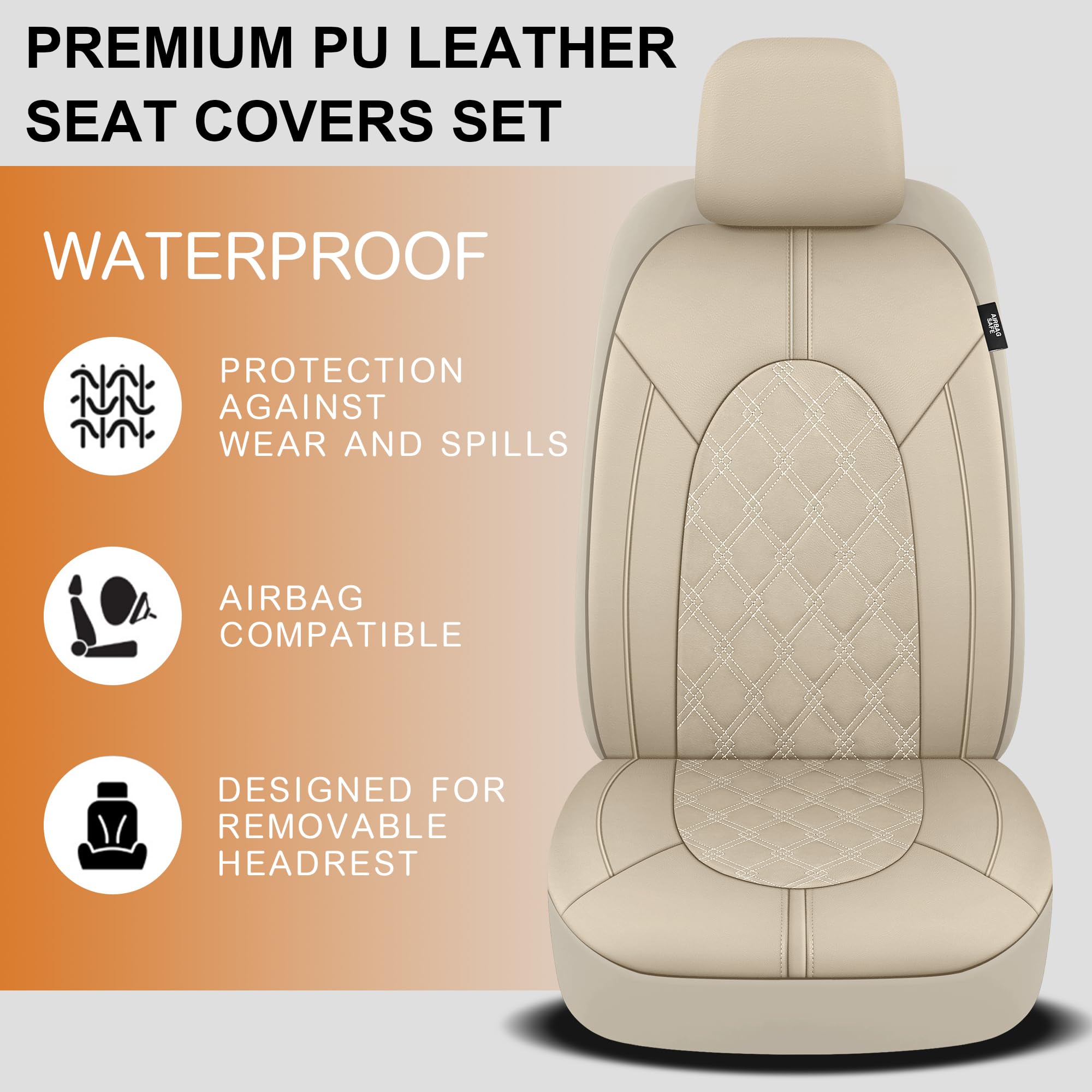 Premium PU Leather Car Seat Covers Full Set - Waterproof Universal Fit for Sedans, SUVs & Trucks (Beige/Beige Line) | Split Bench Design | Perfect for Daily Commute, Road Trips & Vehicle Protection
