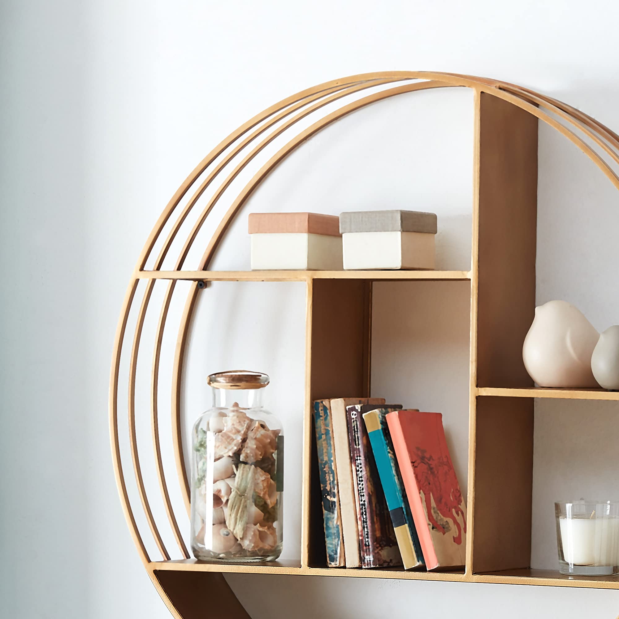 FirsTime & Co. 3-Tier Round Gold Wall Shelf - Industrial Metal Floating Shelf for Bathroom, Bedroom & Living Room Decor - 27.5 Inch Wall Mounted Storage | Perfect for Small Spaces, Home Organization & Stylish Display