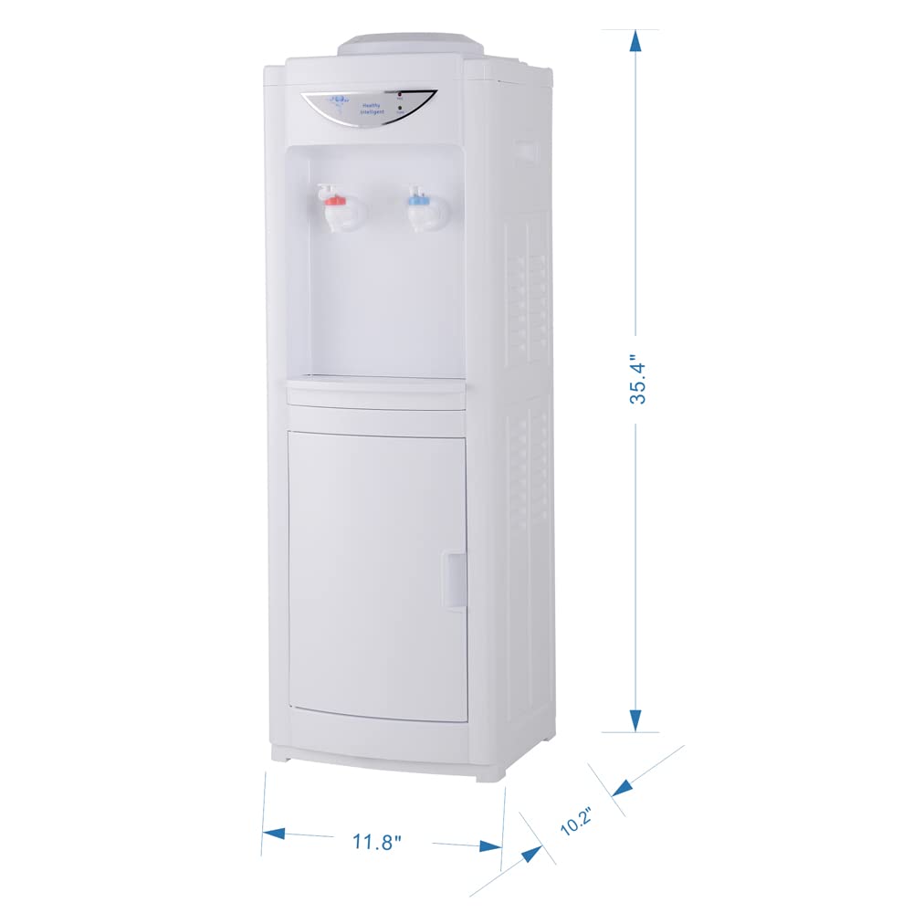 5 Gallon Water Cooler Dispenser with Hot & Cold Water - Top-Loading, Child-Safe Design with Removable Drip Tray & Storage Cabinet - Perfect for Home, Office, Schools & Events (White)