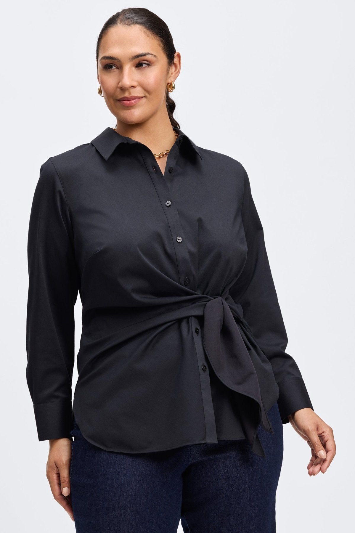 Sabine Plus No Iron Stretch Matte Sateen Tie Long Sleeve Shirt for Women - Wrinkle-Free Office Blouse, Comfortable Business Casual Top for Work & Professional Outfits