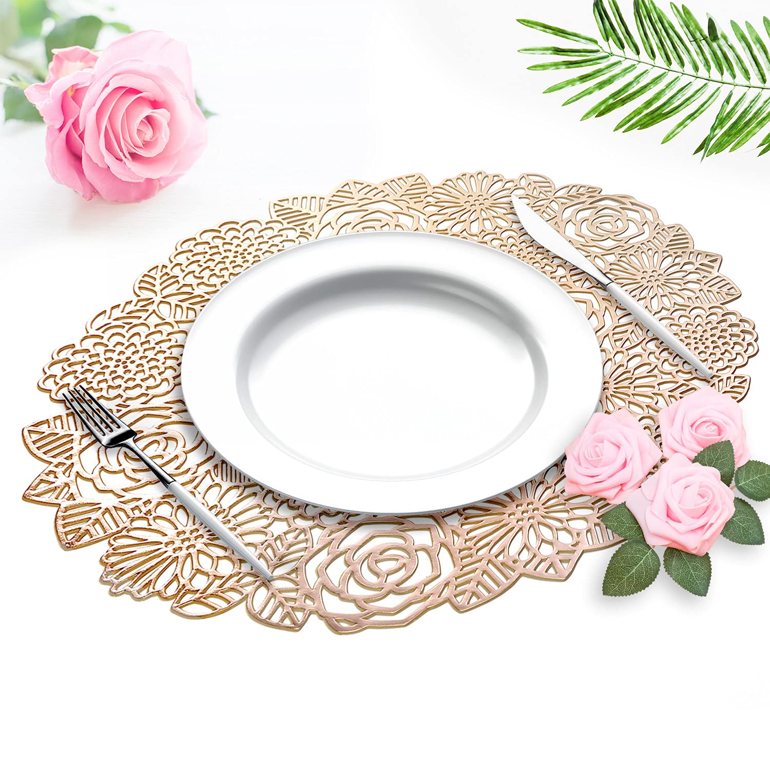 VUDECO Elegant Gold Round Placemats Set of 6 - Premium Vinyl Table Mats for Dining Decor, Fall & Holiday Dinner Parties, Indoor Table Setting - Waterproof & Easy to Clean Charger Plates