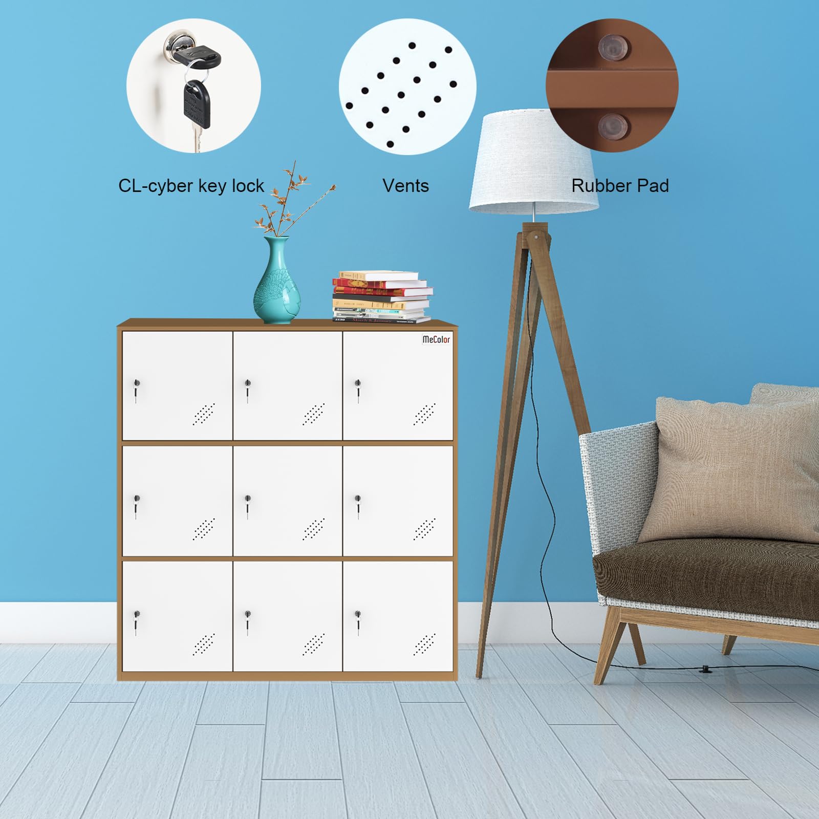 MECOLOR 9-Door Metal Locker Cabinet - Stackable Storage for Office, School & Home - White (9D-WH) - Perfect for Students, Employees & Staff Organization Needs
