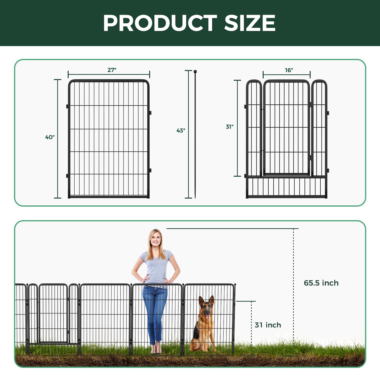 Heavy Duty Metal Garden Fence for Dogs & Rabbits - 40in Tall x 36ft Long Black Outdoor Animal Barrier with 16 Panels | Durable Yard Fence for Pet Containment & Garden Protection | Perfect for Backyard, Lawn, and Landscape Security