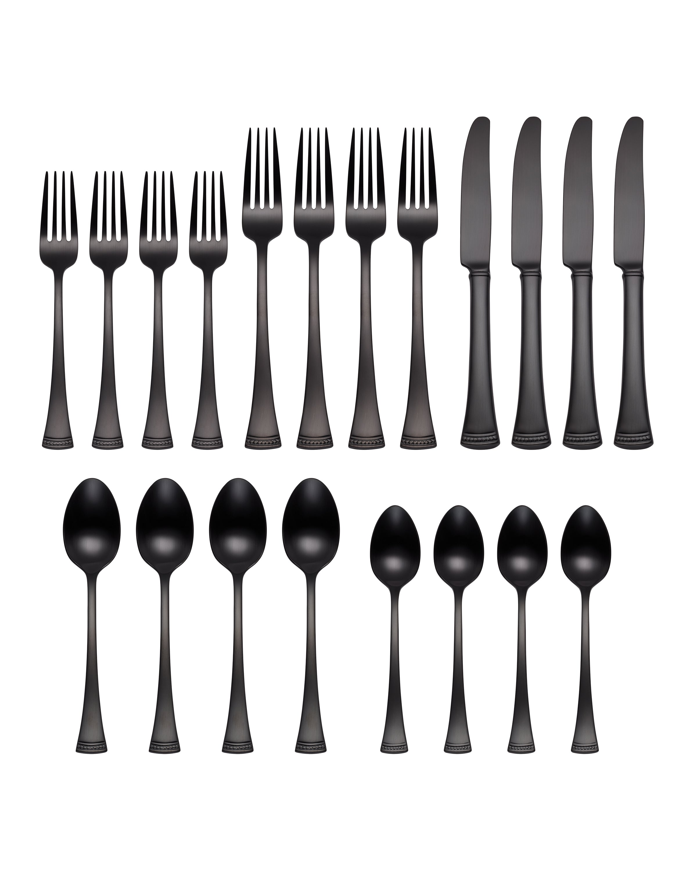 Portola Black Satin 20-Piece Flatware Set - Stainless Steel Cutlery Set for 4, Modern Dinnerware for Fine Dining, Restaurants & Elegant Home Entertaining