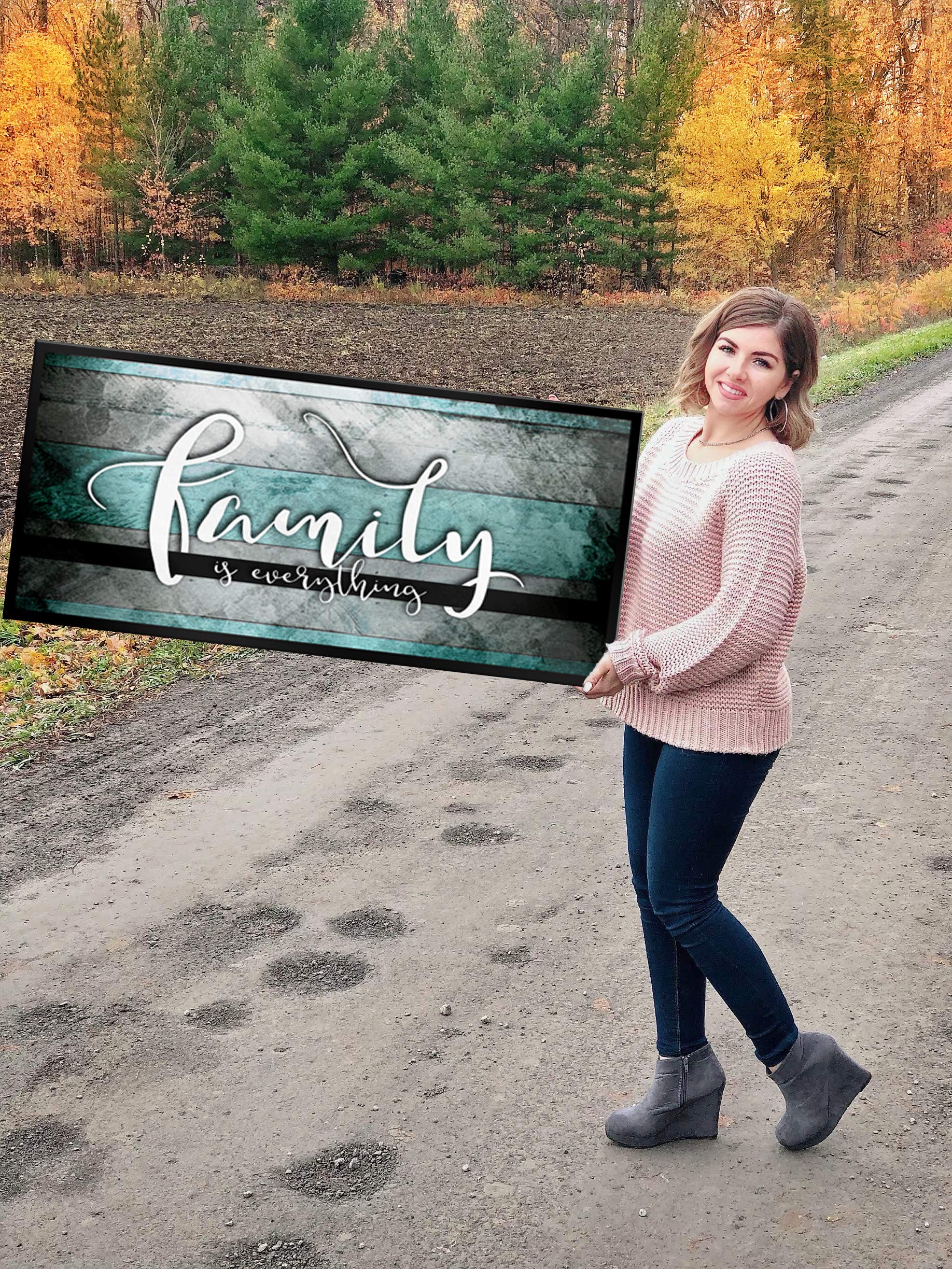 Family Is Everything Wall Art - Large Framed Canvas Painting for Living Room & Farmhouse Decor - Teal & Black Floating Frame 42x19 - Perfect for Home, Office & Gift Giving