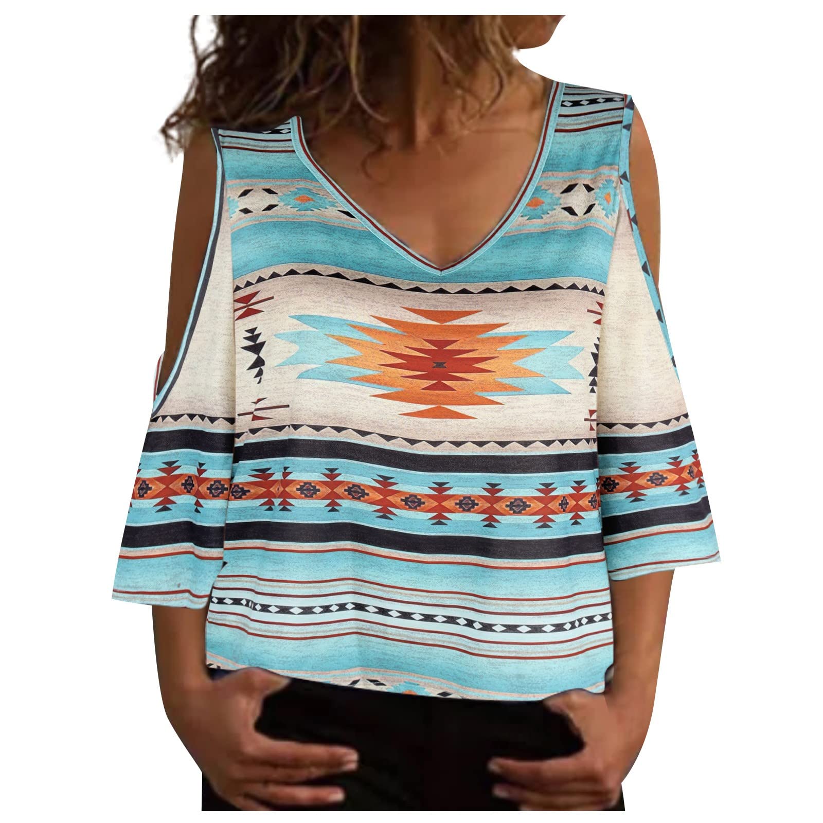 QUFECH Women's Casual V-Neck Loose Fit 3/4 Sleeve T-Shirt - Summer Blouse for Everyday Wear, Office, and Weekend Outings