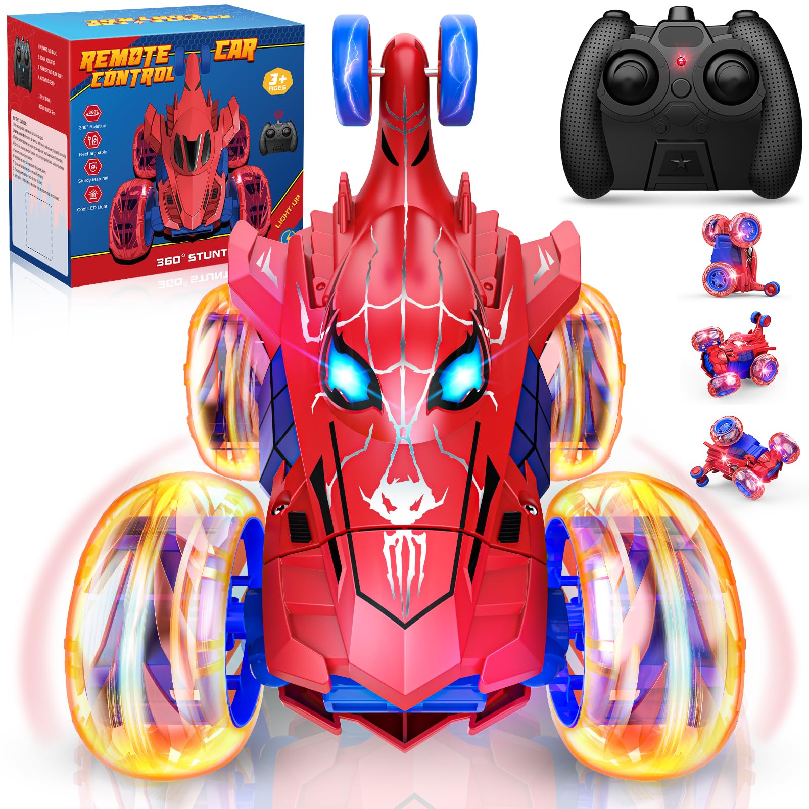High-Speed 4WD Remote Control Car with 360° Stunt & LED Wheel Lights - RC Toy for Boys Ages 3-10 - Best Birthday & Christmas Gift for Kids - Perfect for Indoor & Outdoor Play, Backyard Racing & Family Fun