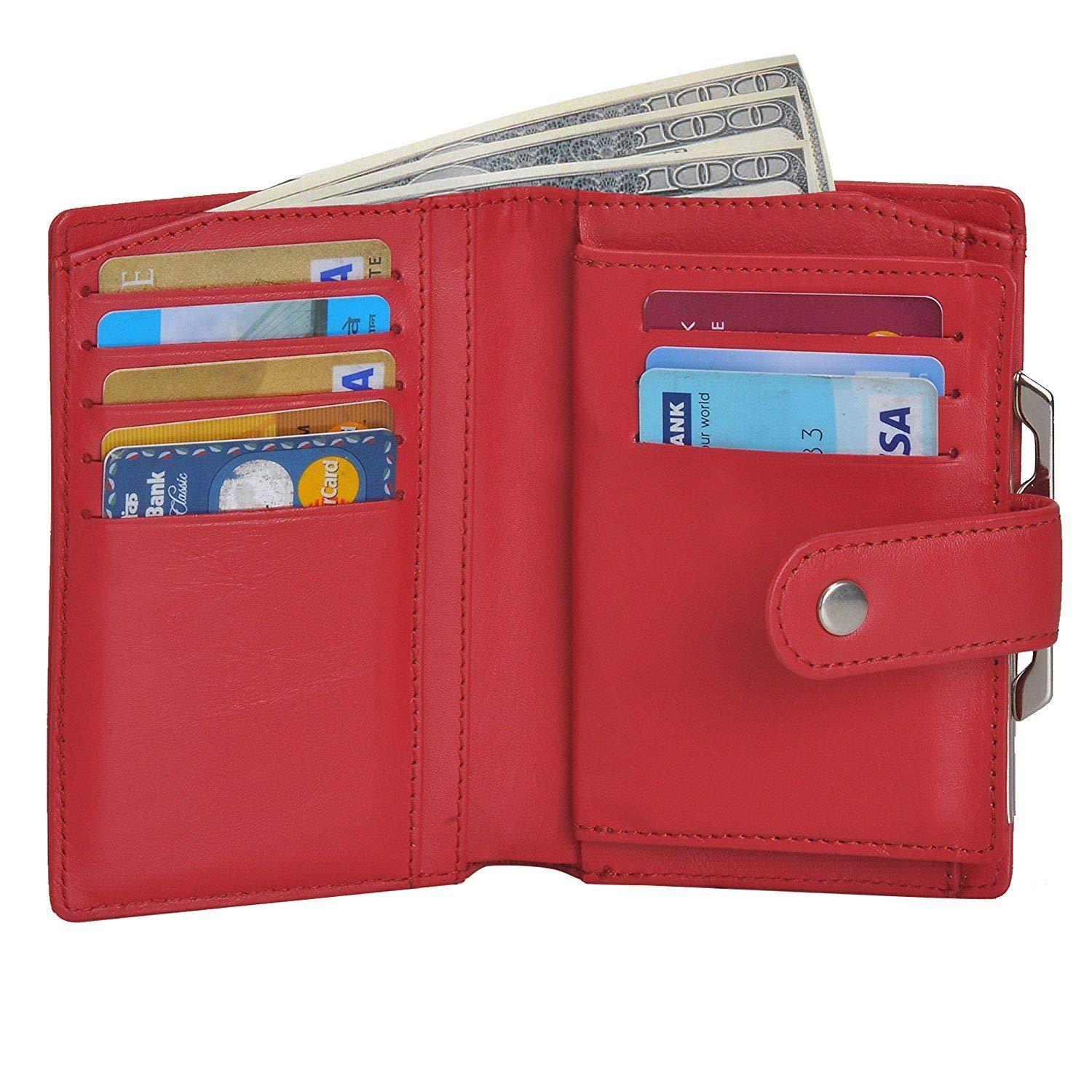 Genuine Safiano Leather Women's Wallet - Premium RFID Blocking Credit Card Holder with Zipper Coin Pocket (Red) | Perfect Gift for Mother's Day, Birthday & Travel Accessories